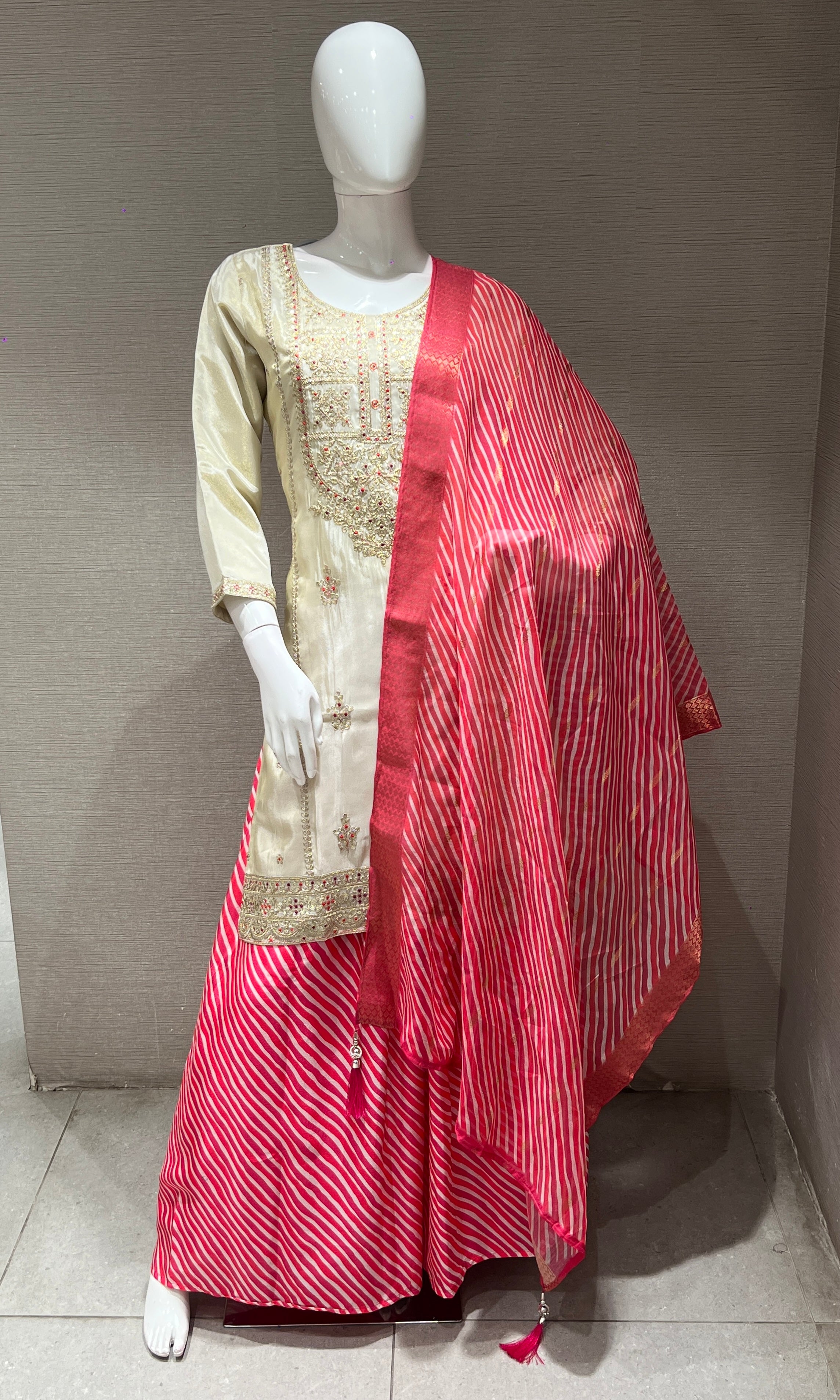 Cream EMBROIDERED kurta set WITH PALAZZO PANTS