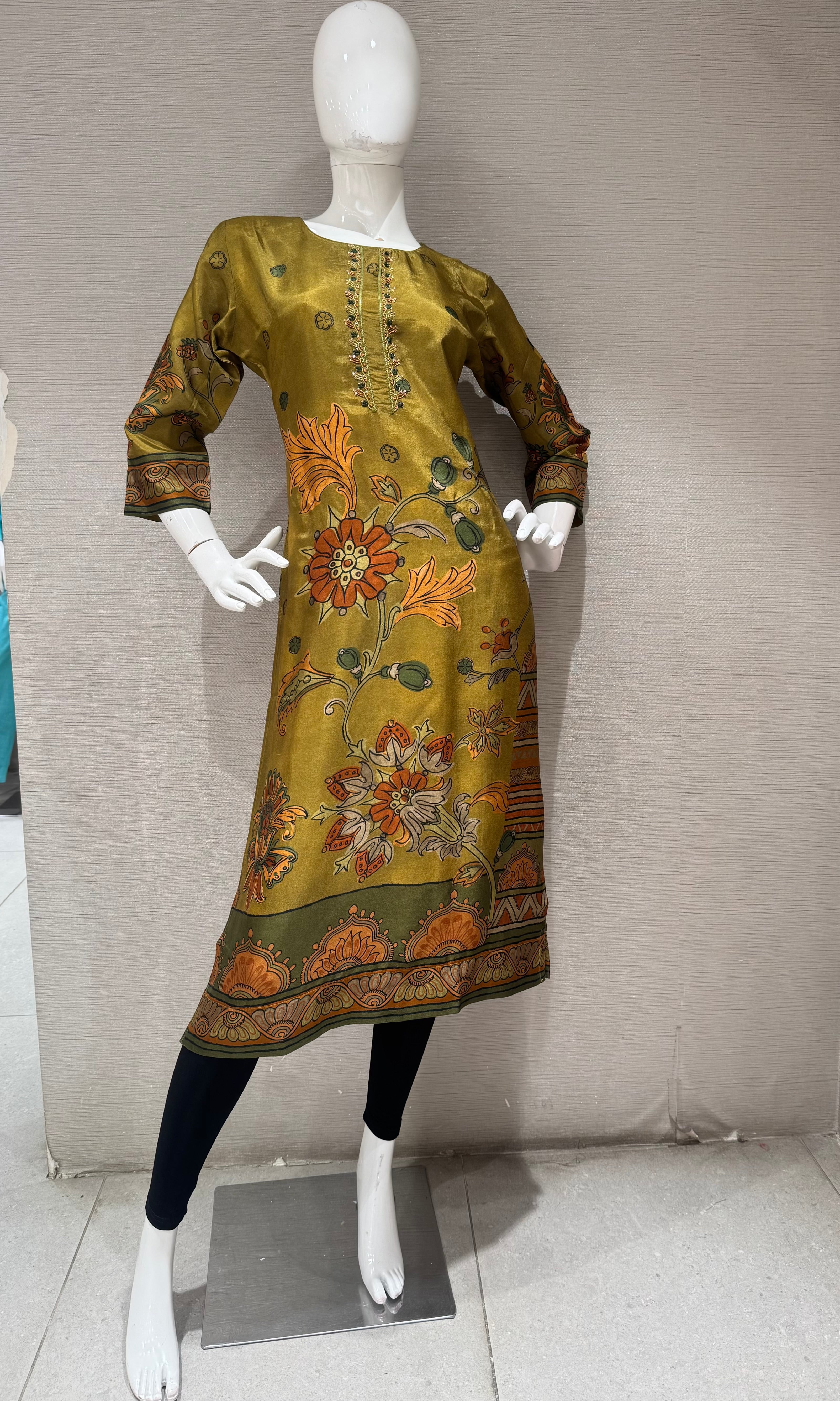 Mustard Green Floral Motif Kurta Top