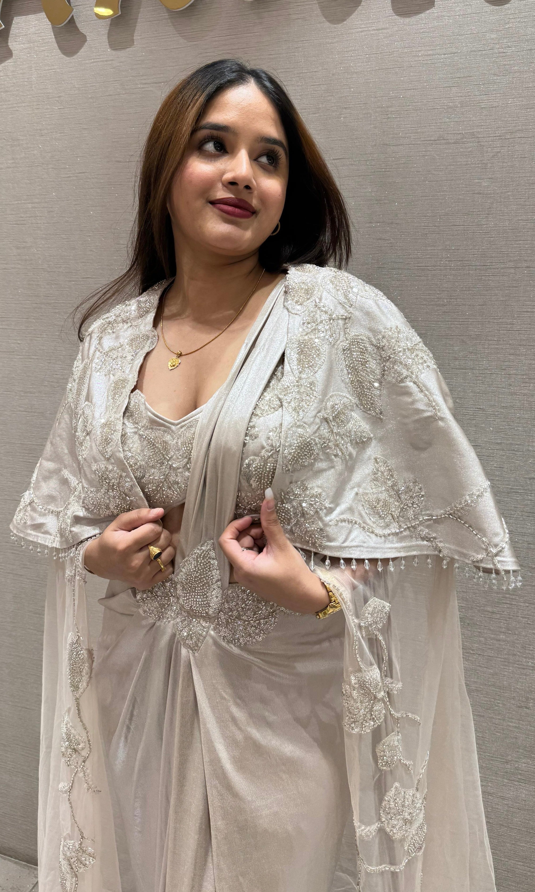 Silver one minute saree with cape