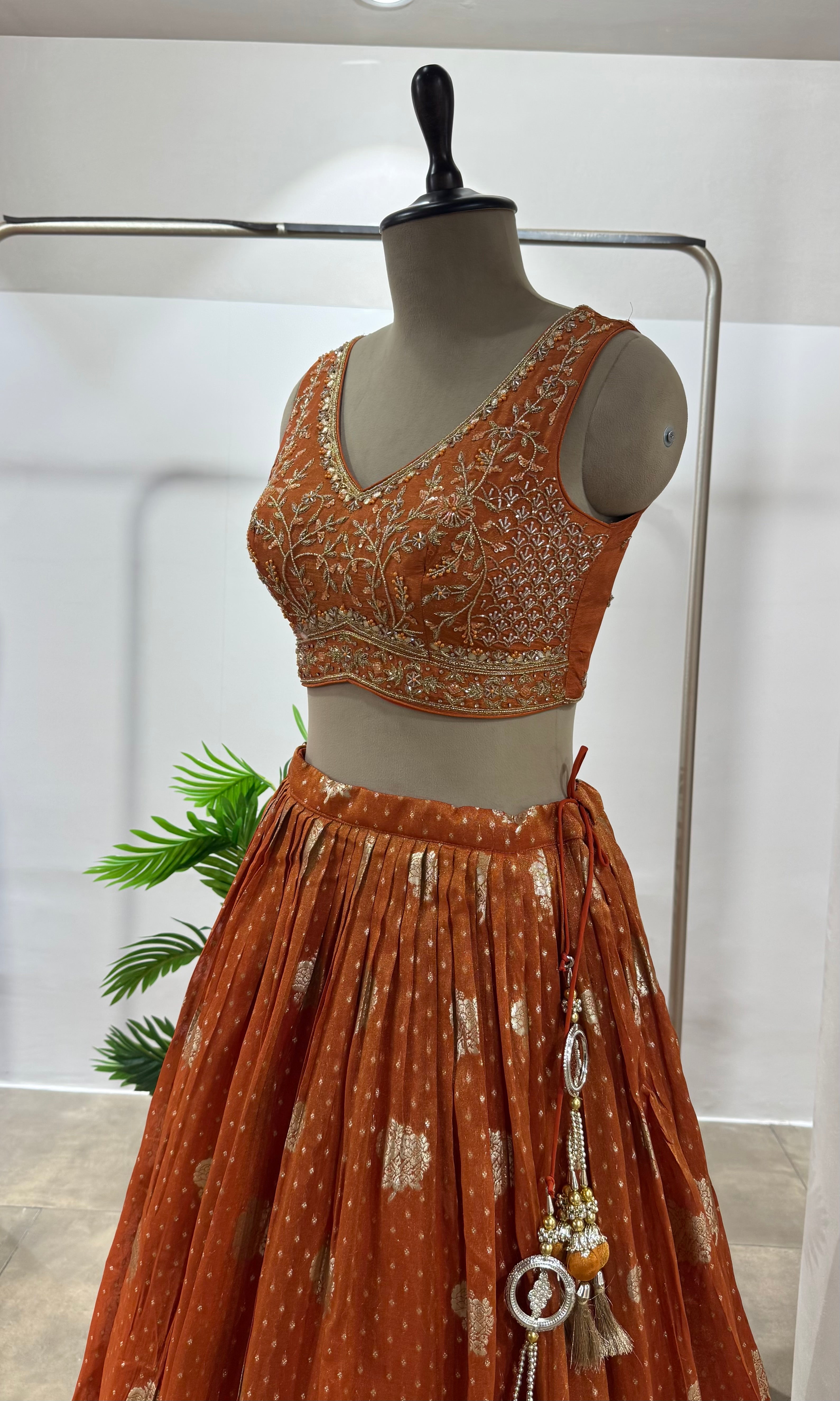 RUST GOLDEN LEHENGA WITH STRIPED DUPATTA