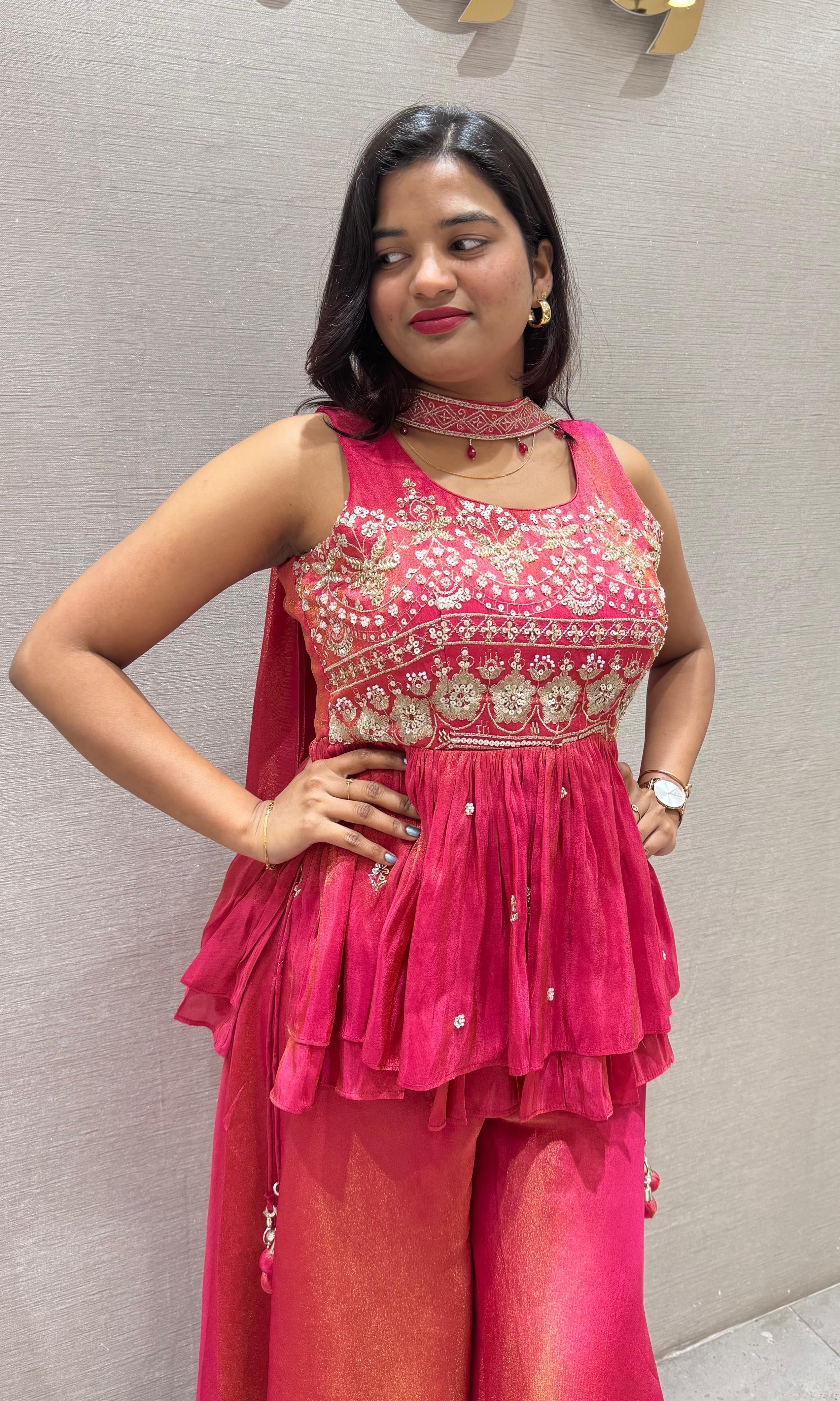 Rani pink EMBROIDERED PEPLUM palazzo