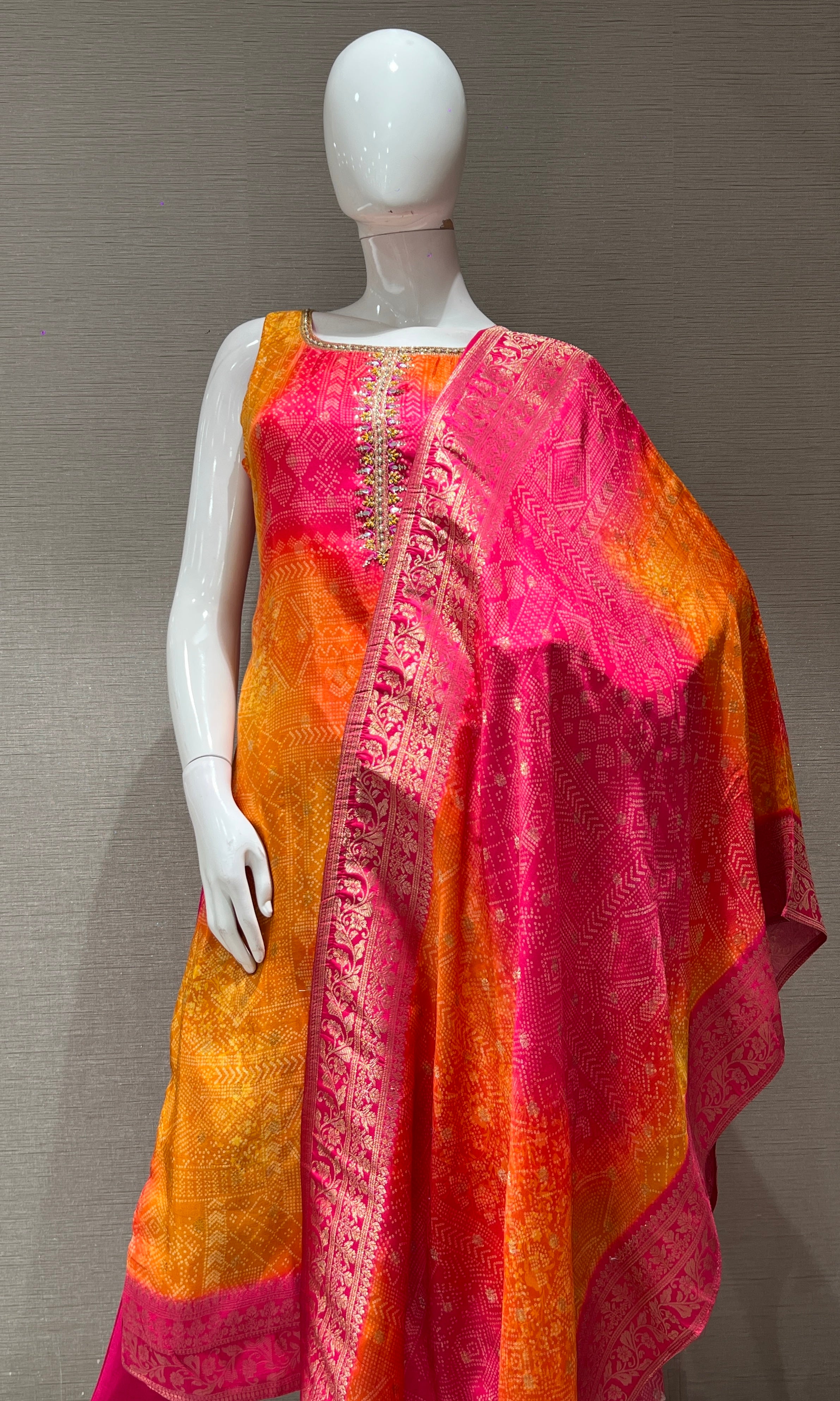 Pink AND ORANGE EMBROIDERED kurta set