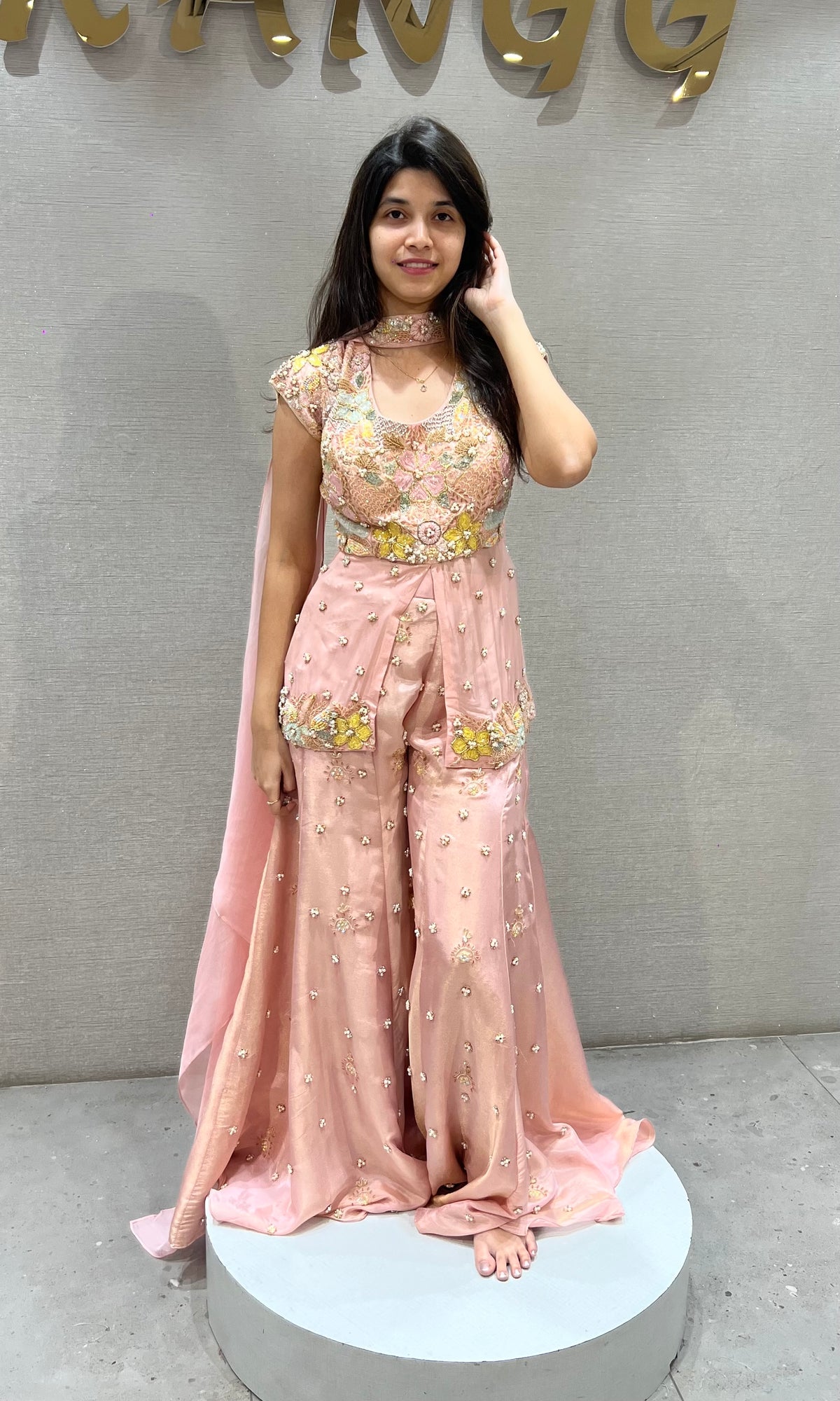 Blush Pink Satin Floral Embroidered Palazzo Set