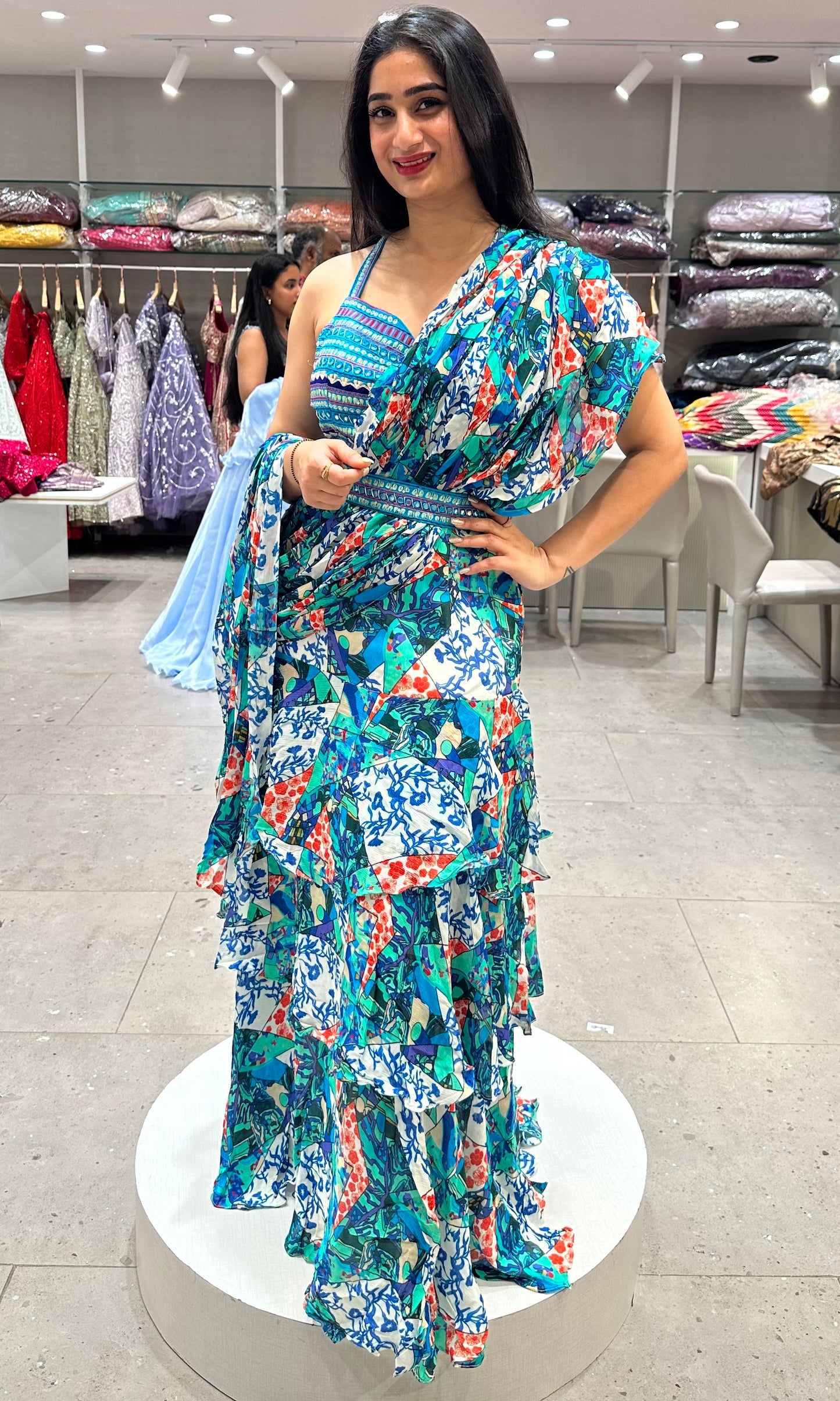 🦋Teal blue printed  saree with belt 🦋