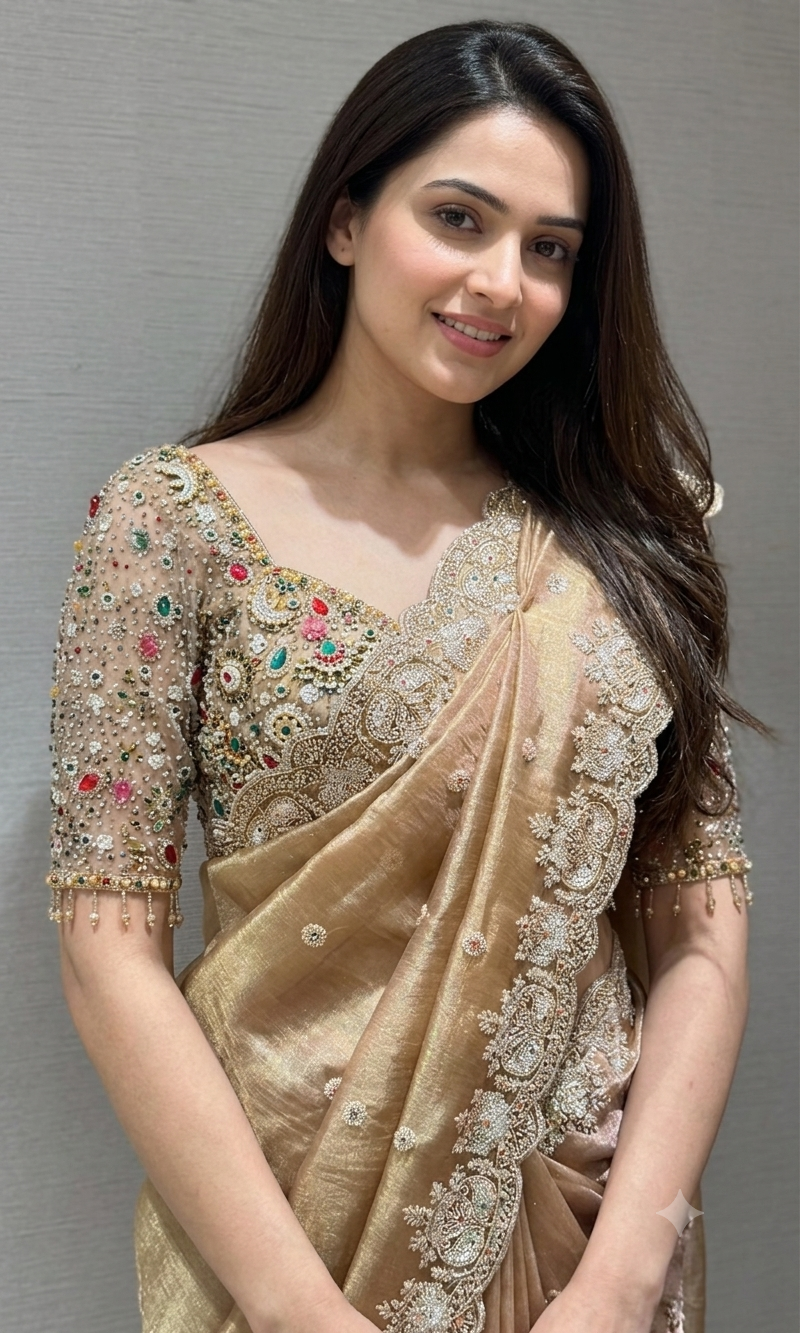 beige net designer saree with embroidered blouse