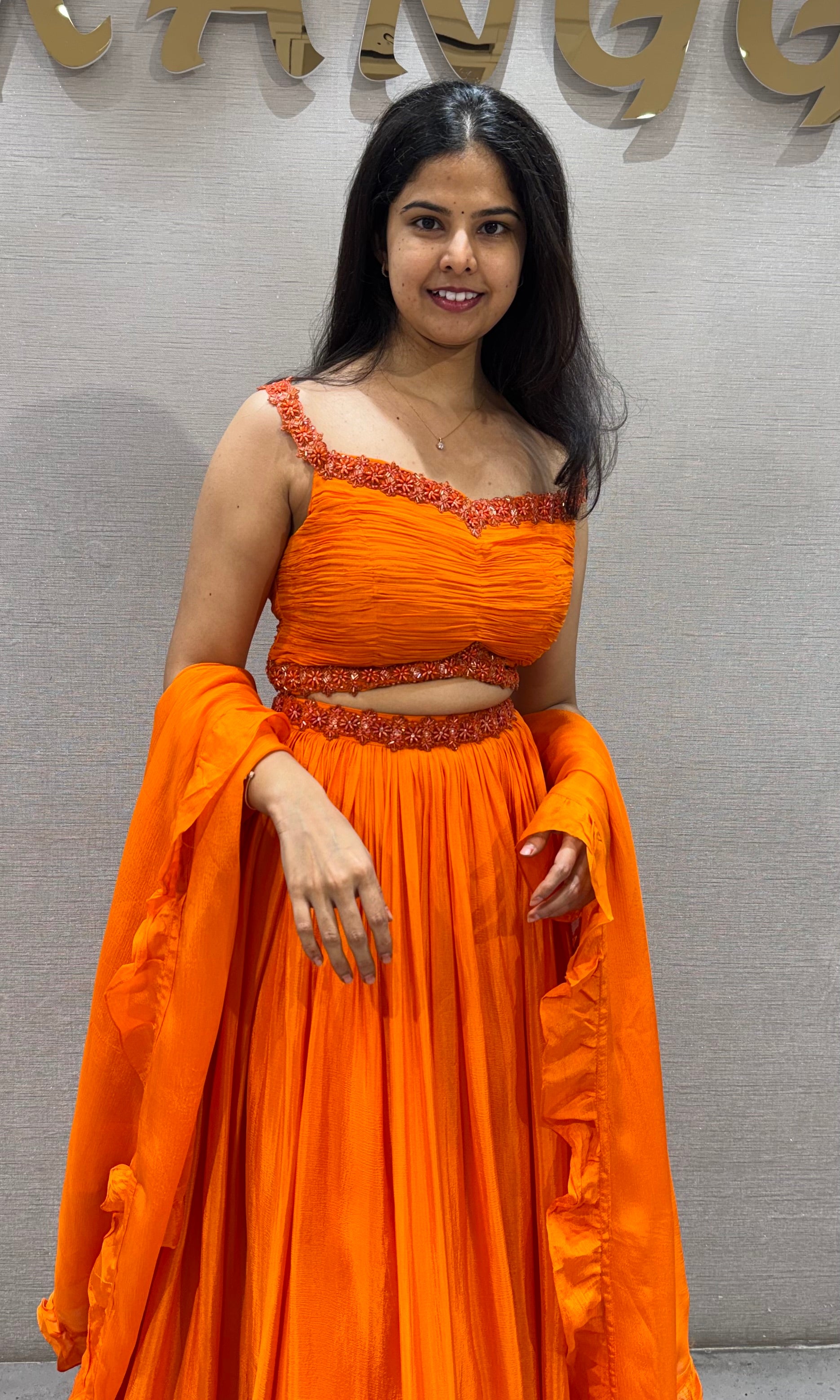 Orange cotton Embellished Crop Top Lehenga