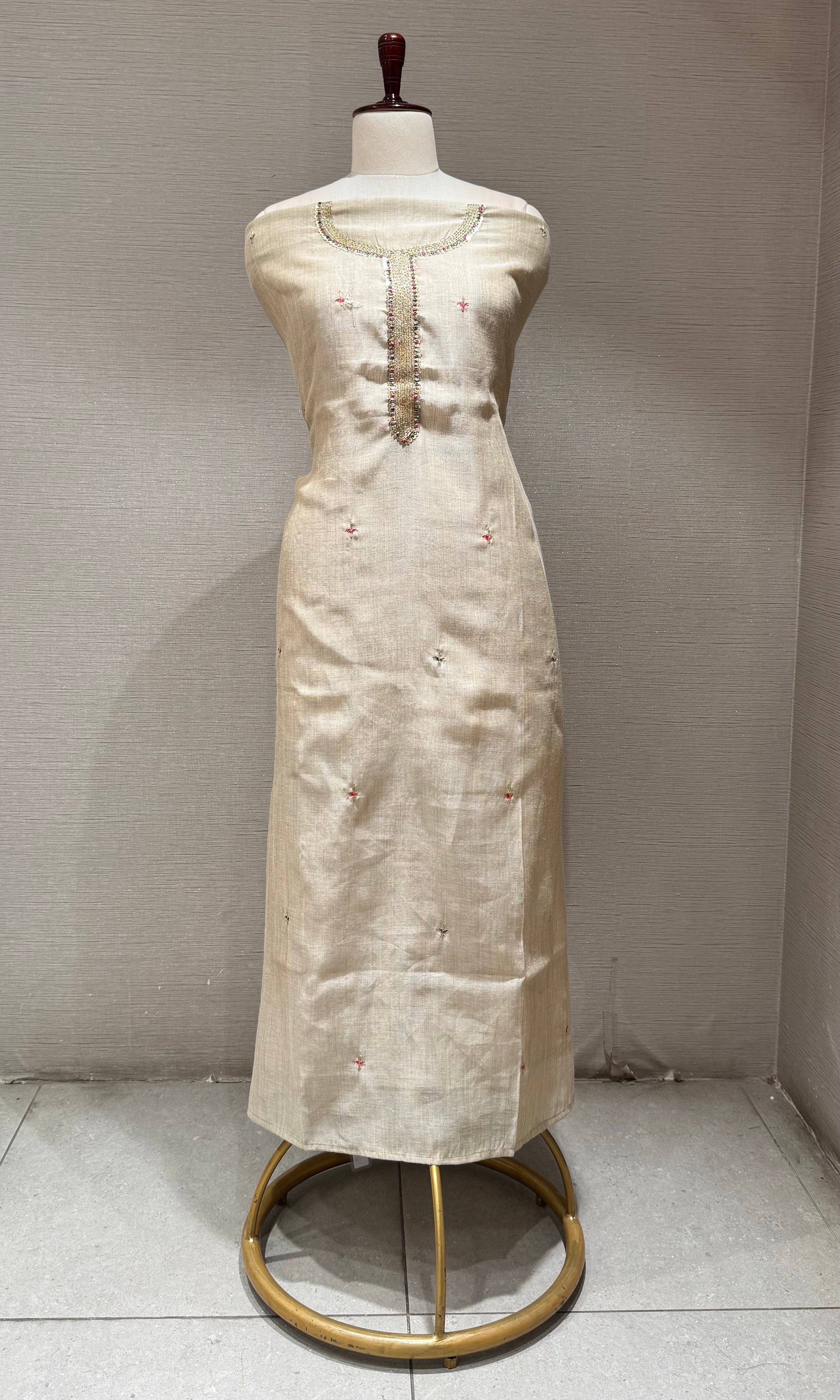 Beige & Pastel Pink Print Dress Material