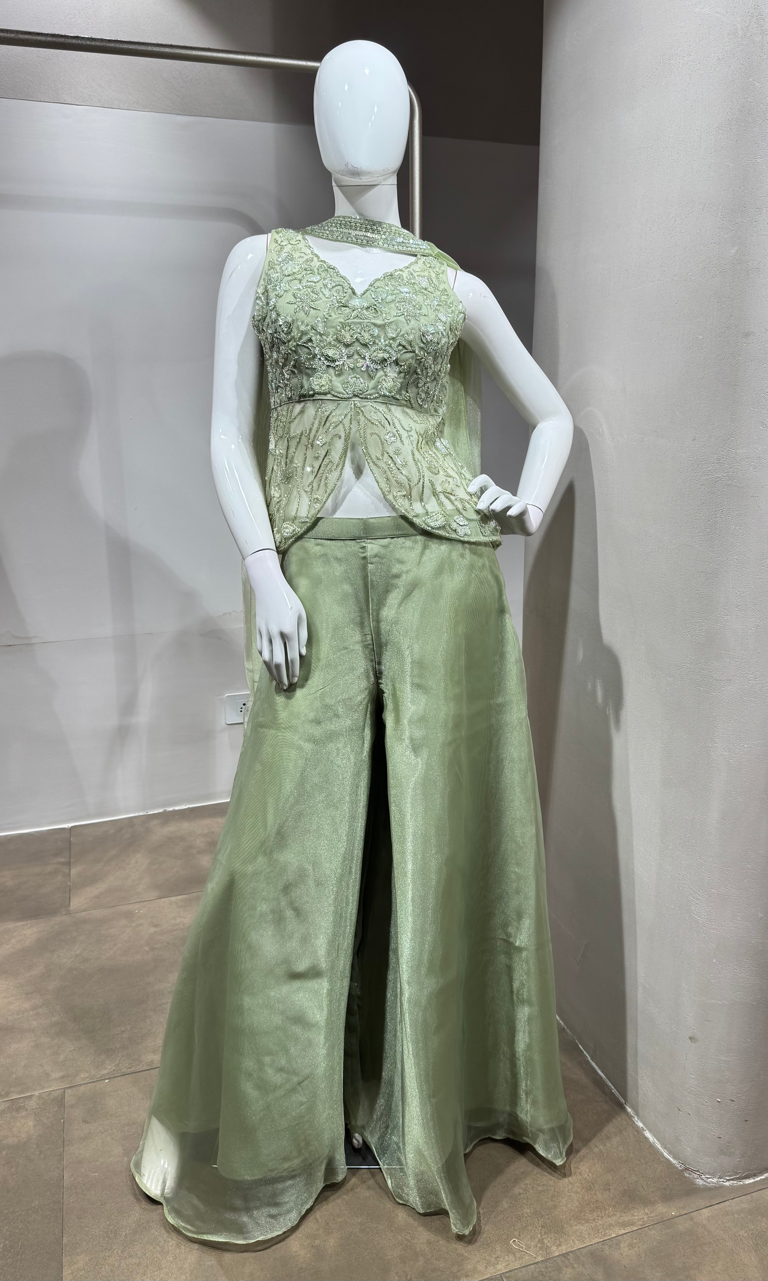 Pista Green Shimmer Organza Palazzo Suit