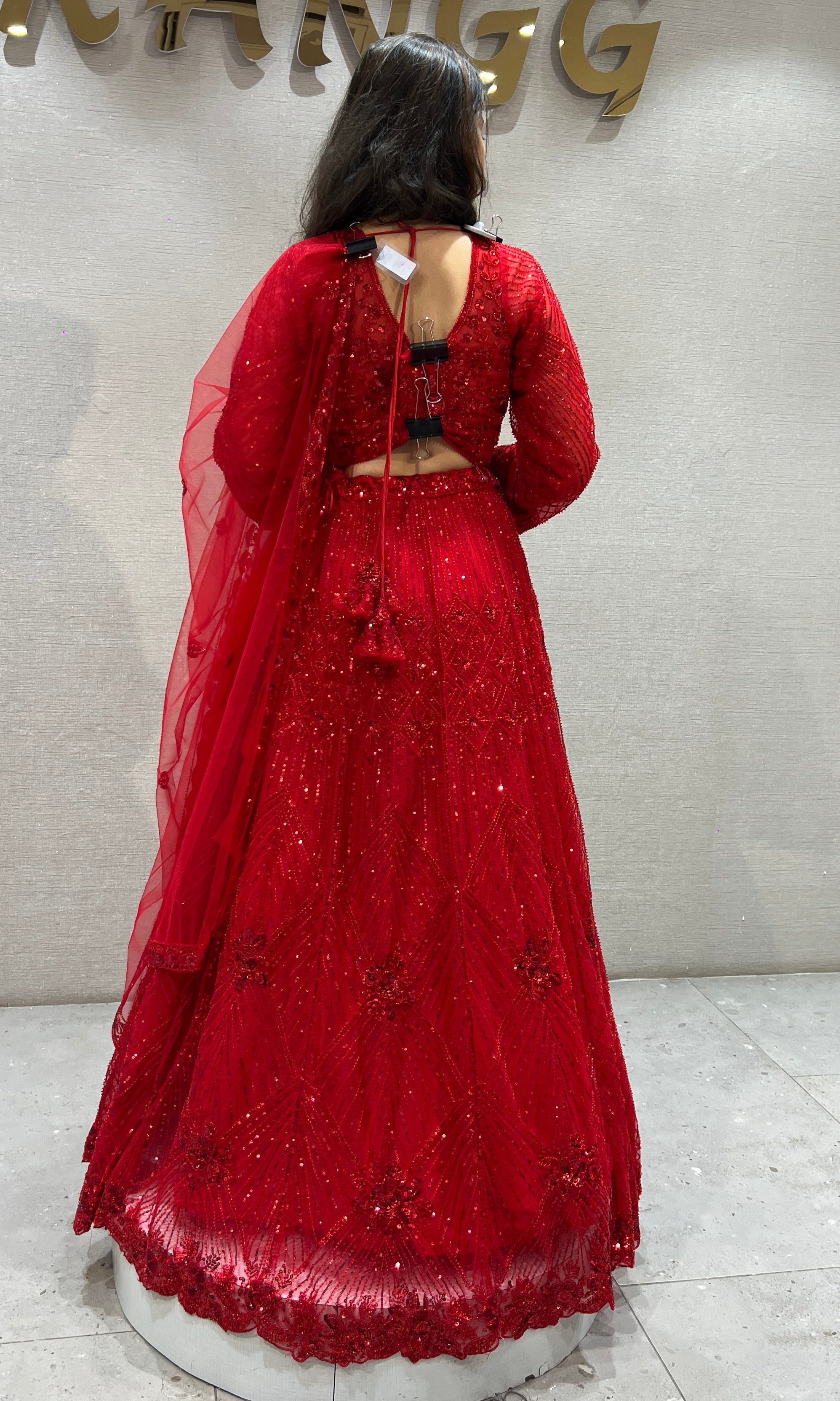 Red Embellished Lehenga set with Sheer Dupatta