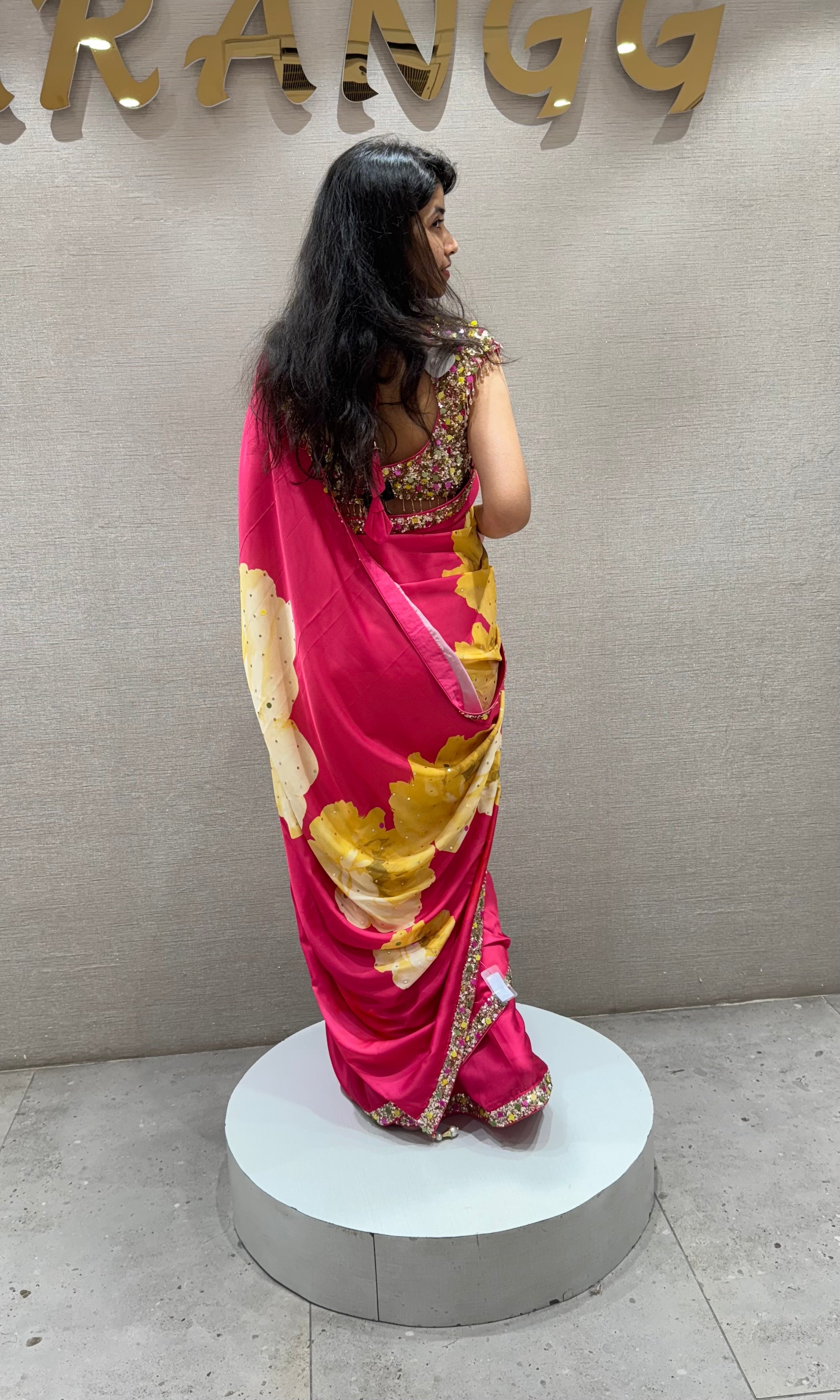 Pink Floral Saree WITH EMBROIDERED BLOUSE