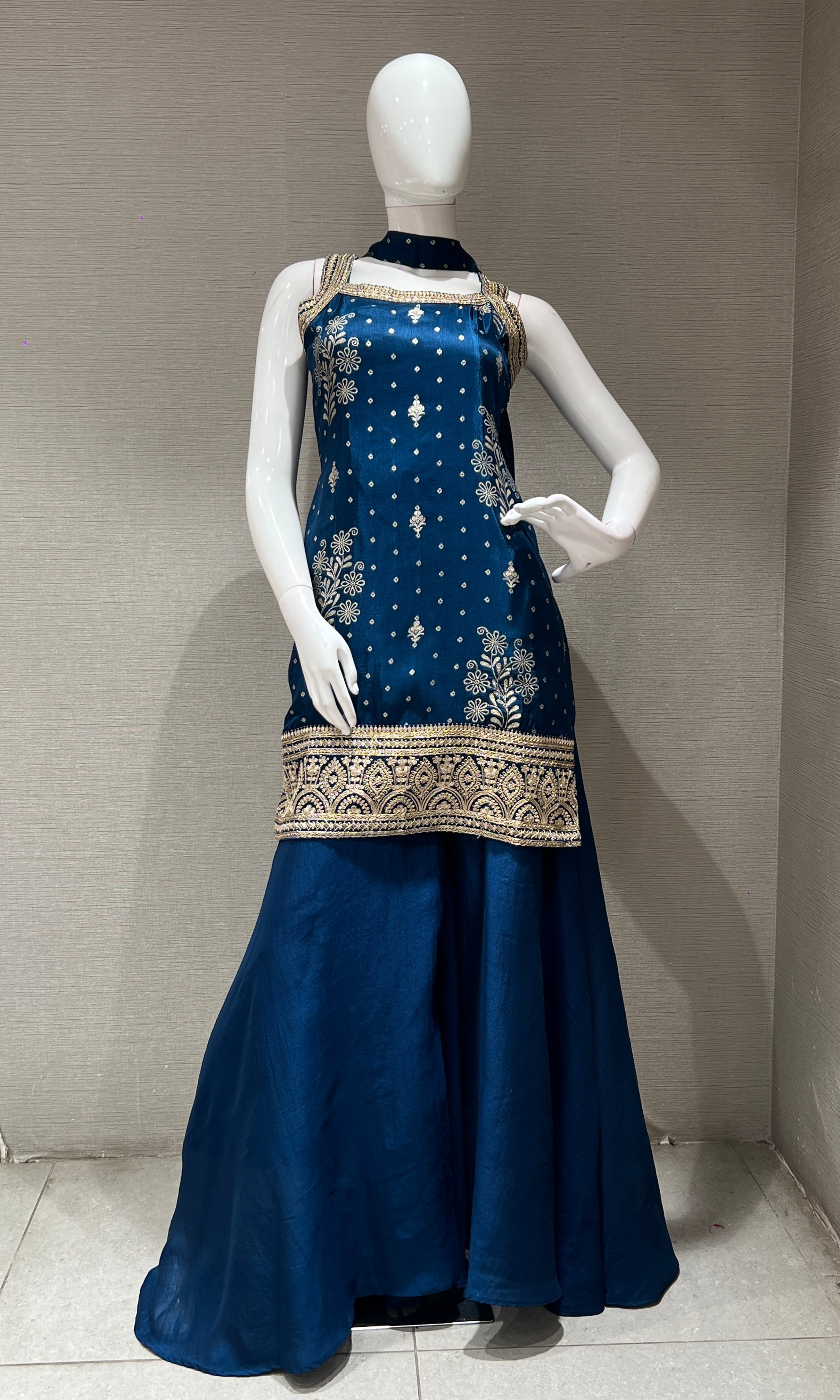 BLUE GOLD EMBROIDERED SHARARA SET