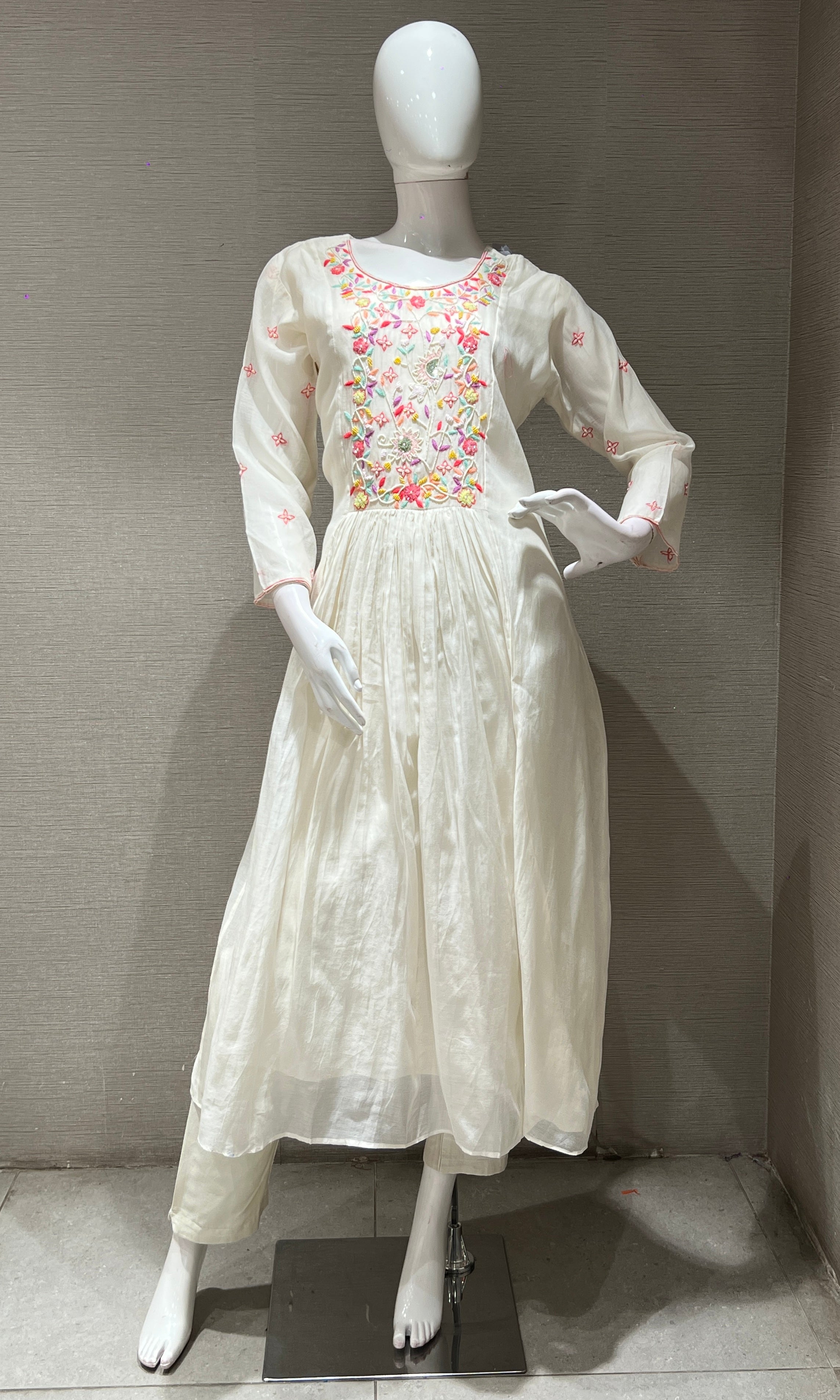 Half white floral bead work mul chanderi kurta set