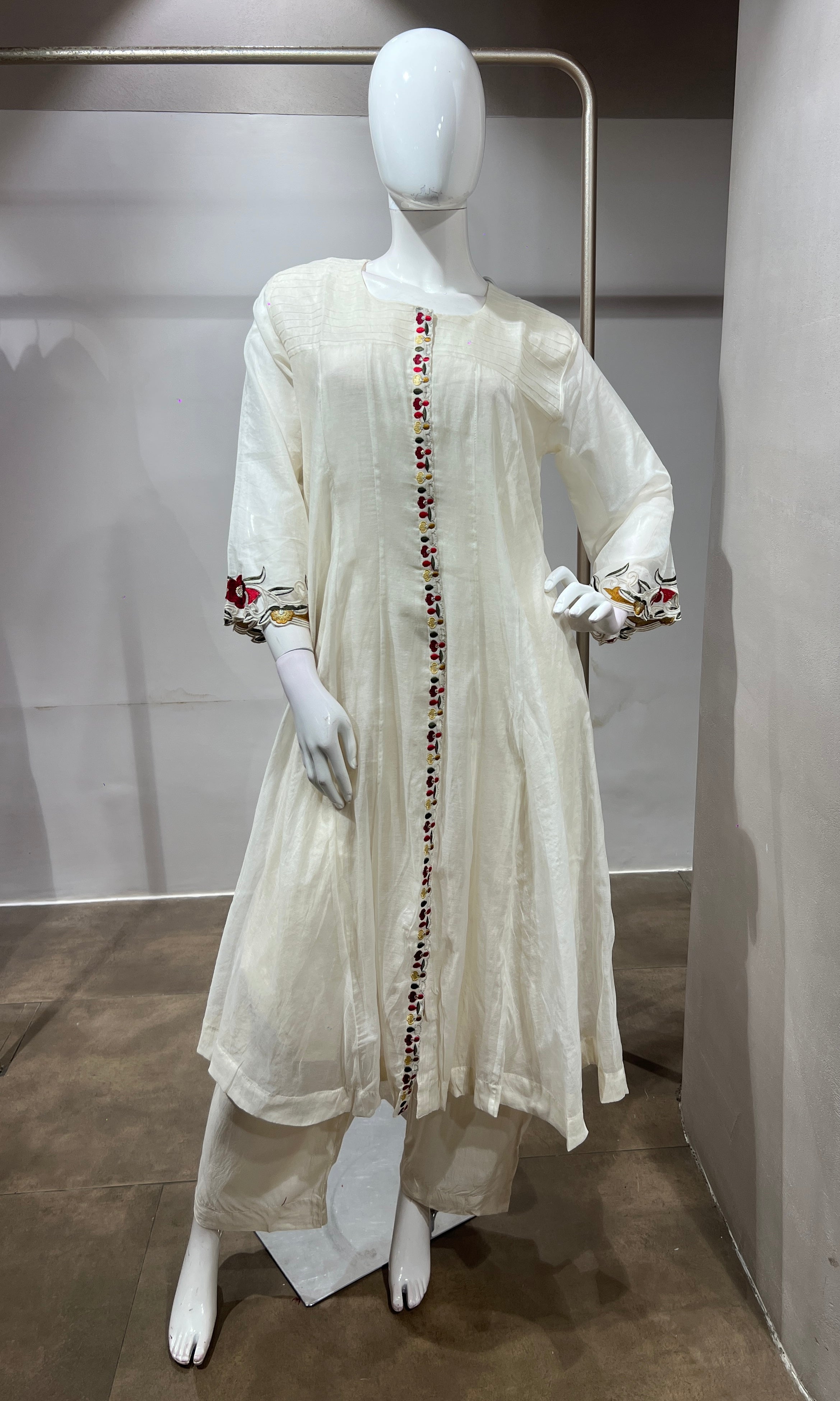 White Cotton Blend Flared Kurta set with Intricate Border