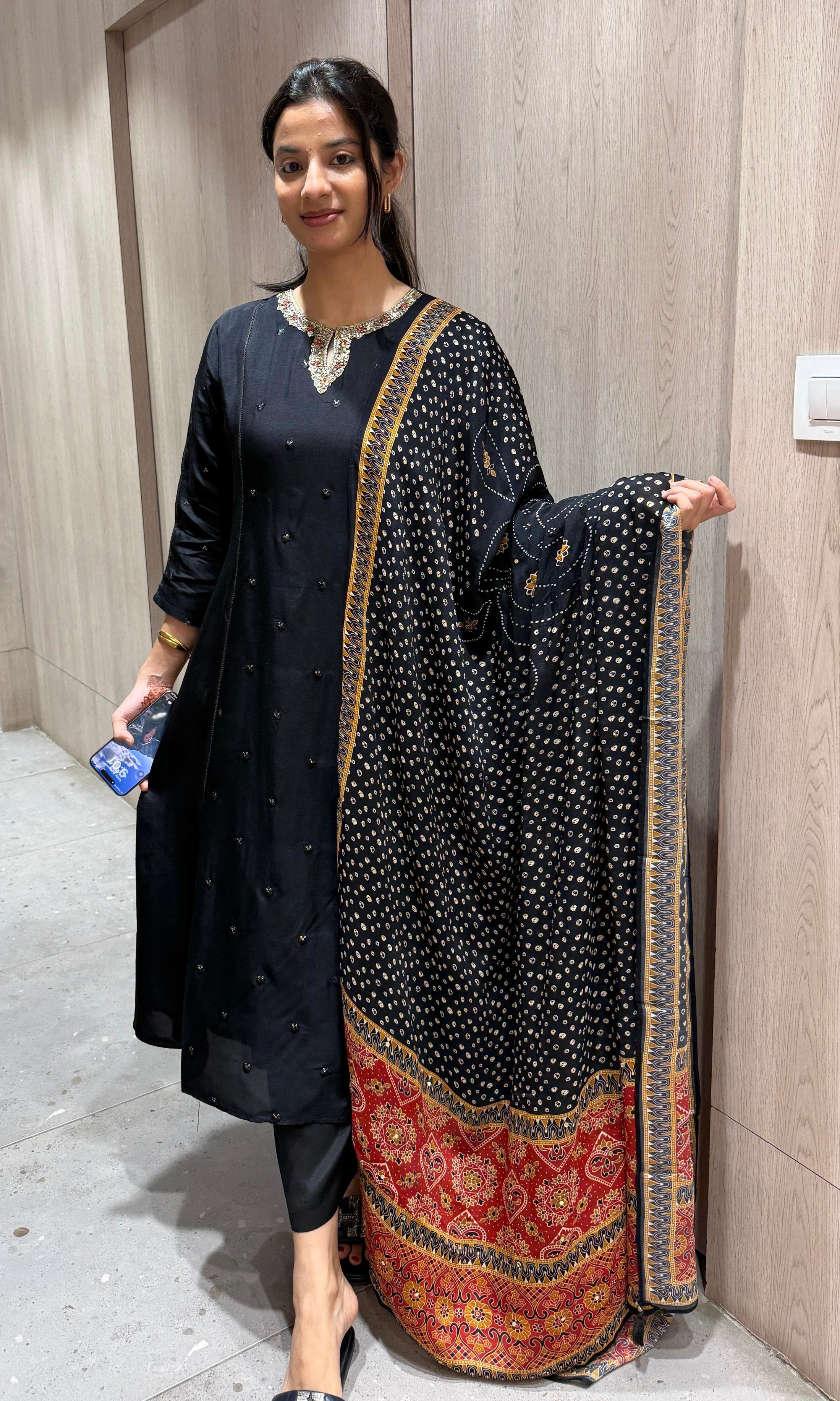 black embroidered neckline kurta set
