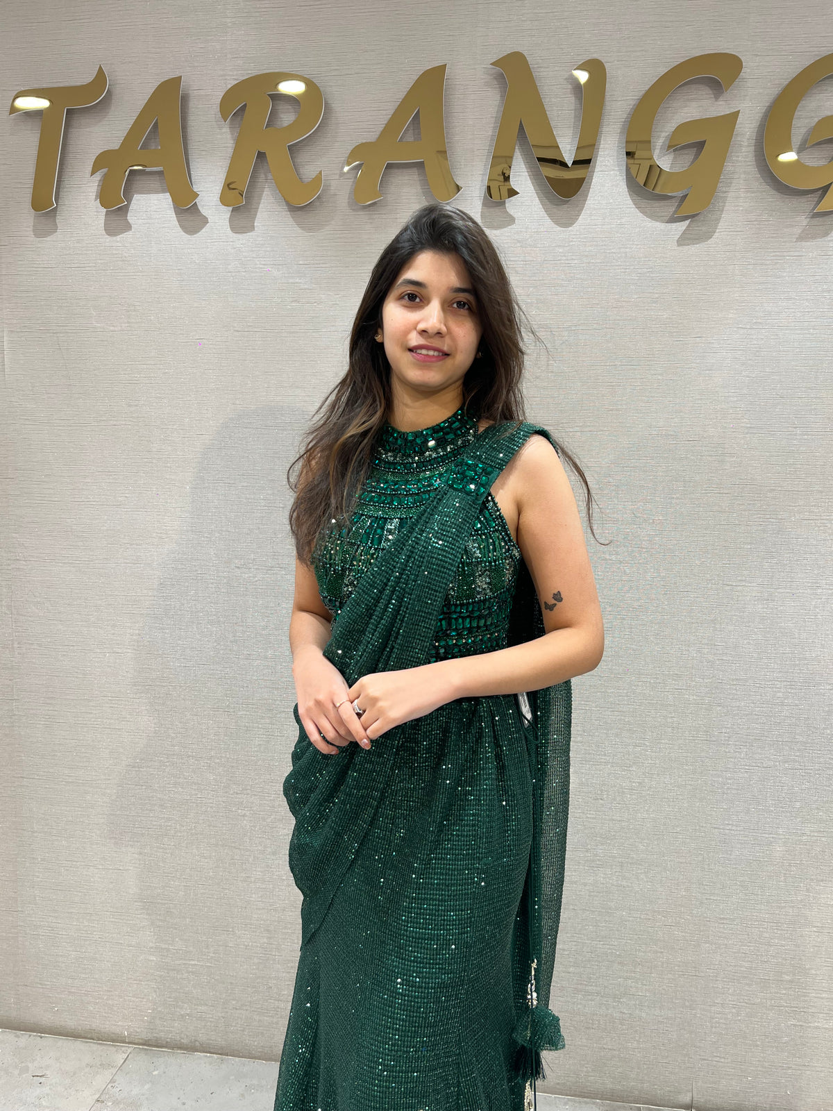 Green Glamour Pre-Draped Saree with halter blouse