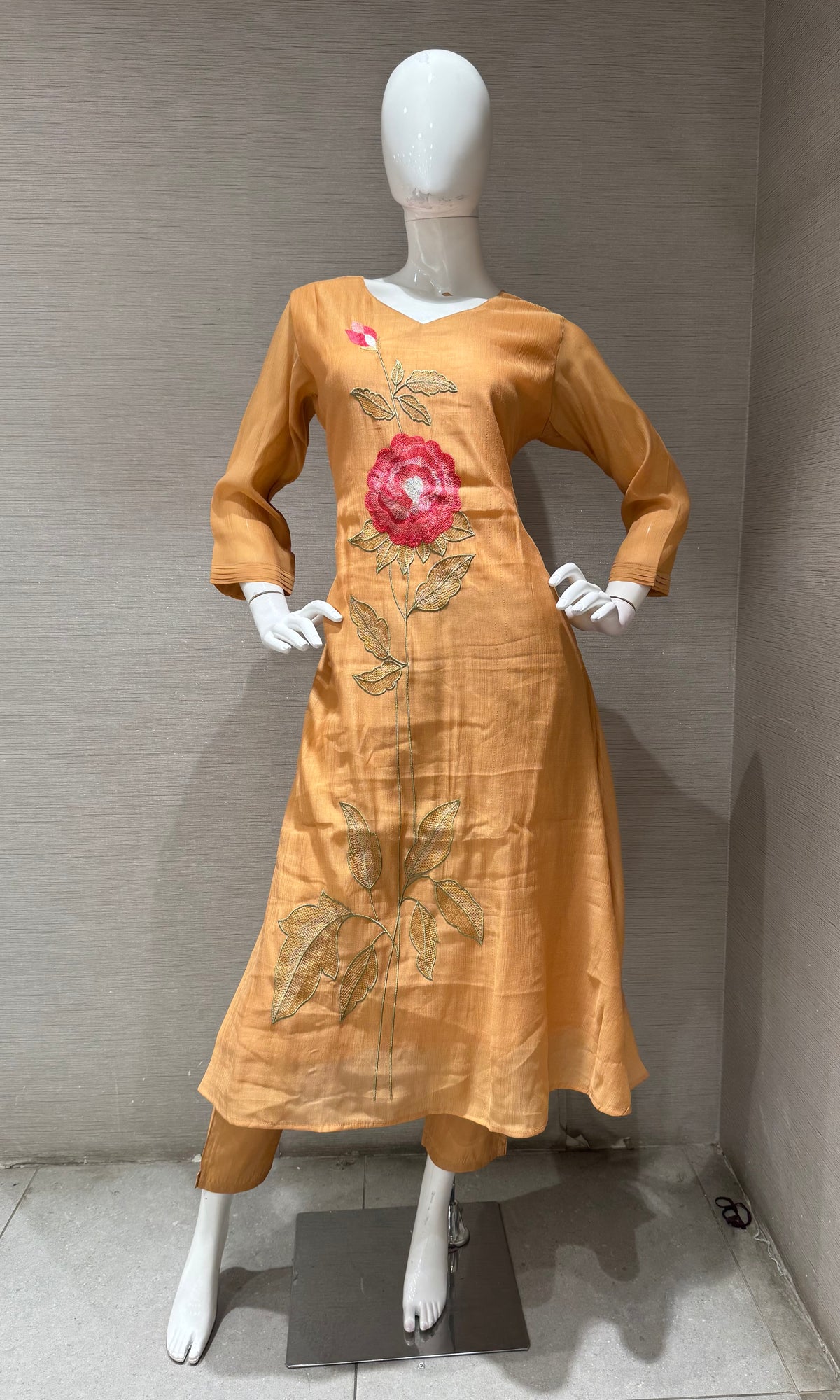 Peach cotton rose Floral Embroidery Kurta Set with Dupatta