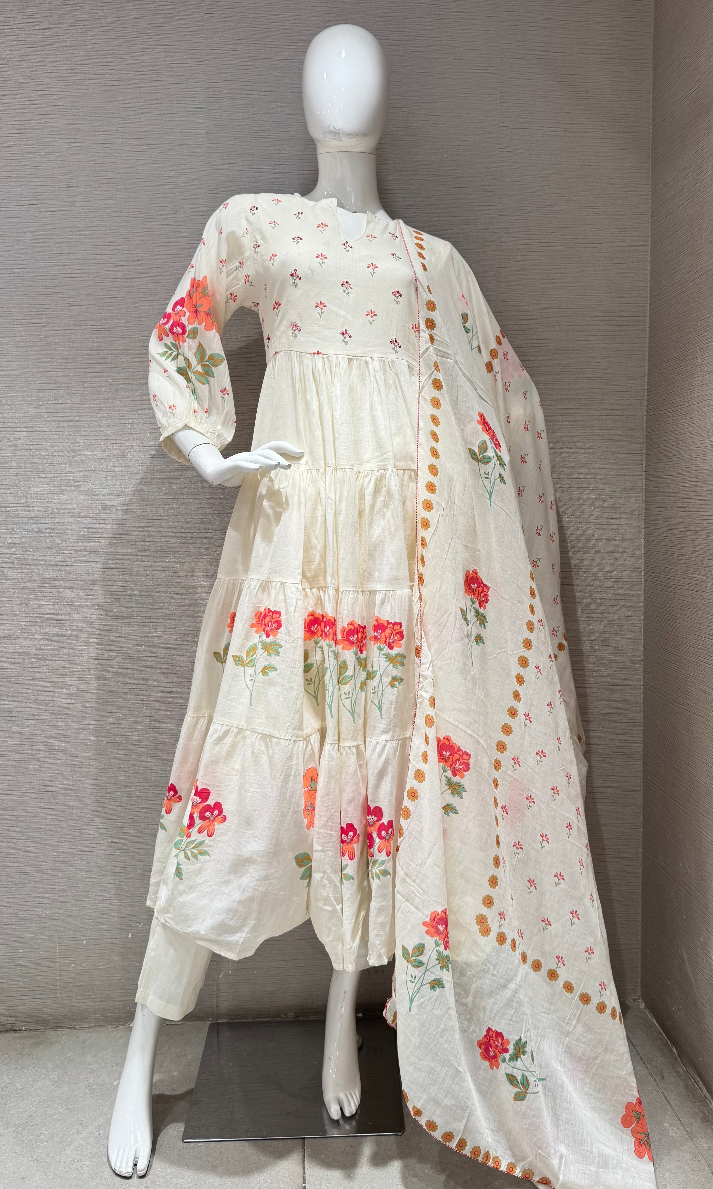 Cream floral anarkali kurta set
