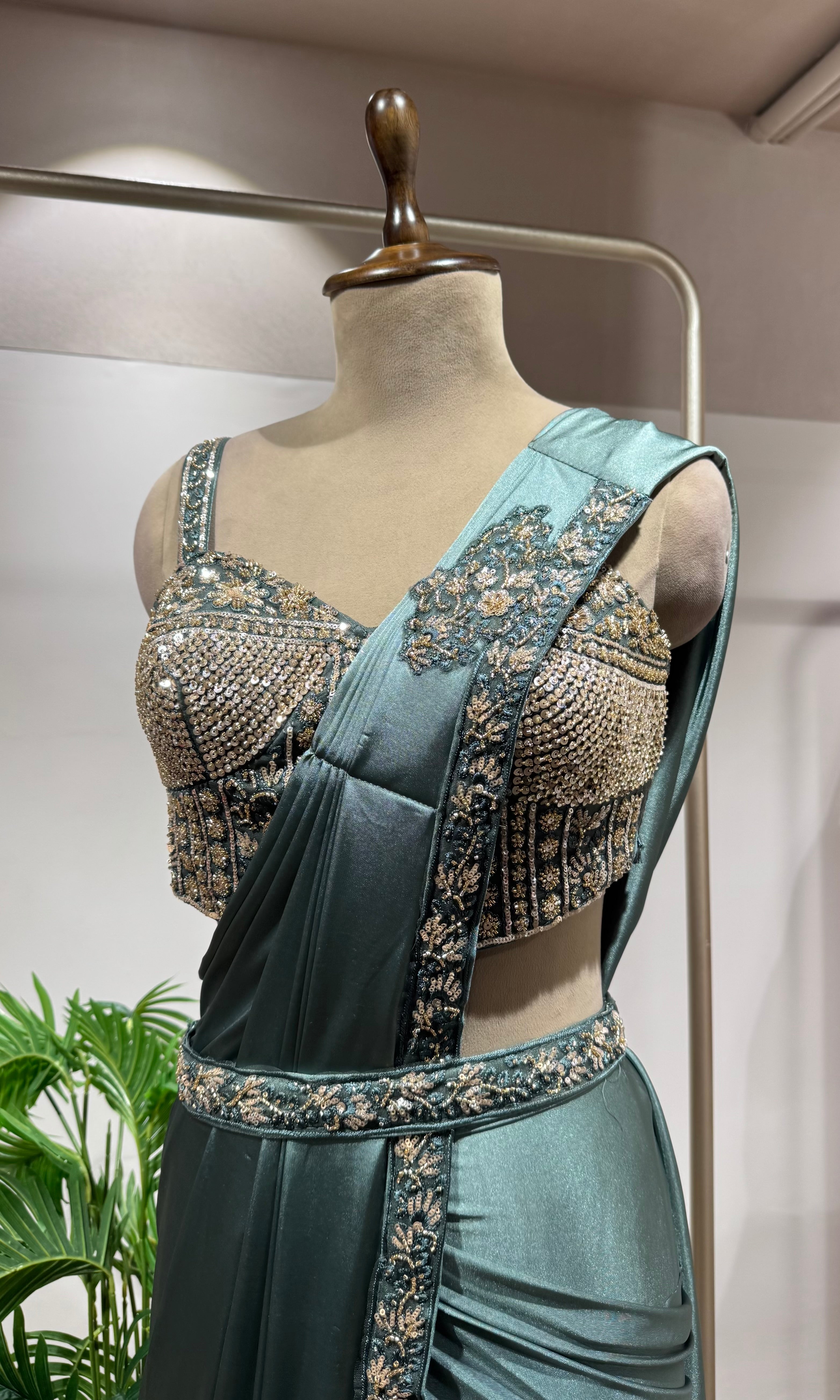 sea green drape saree WITH CORSET BLOUSE