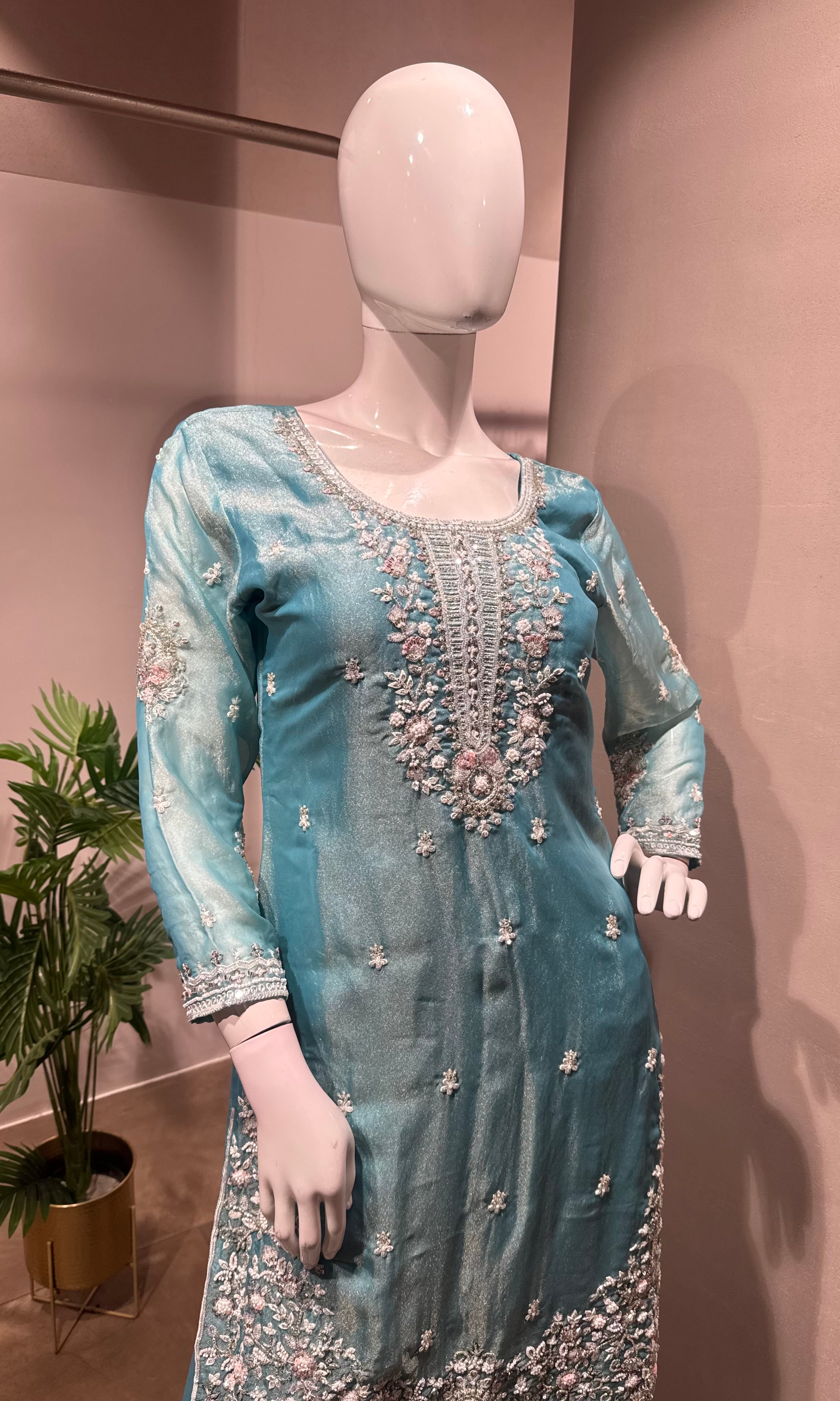Sky Blue Embroidered Silk Palazzo set