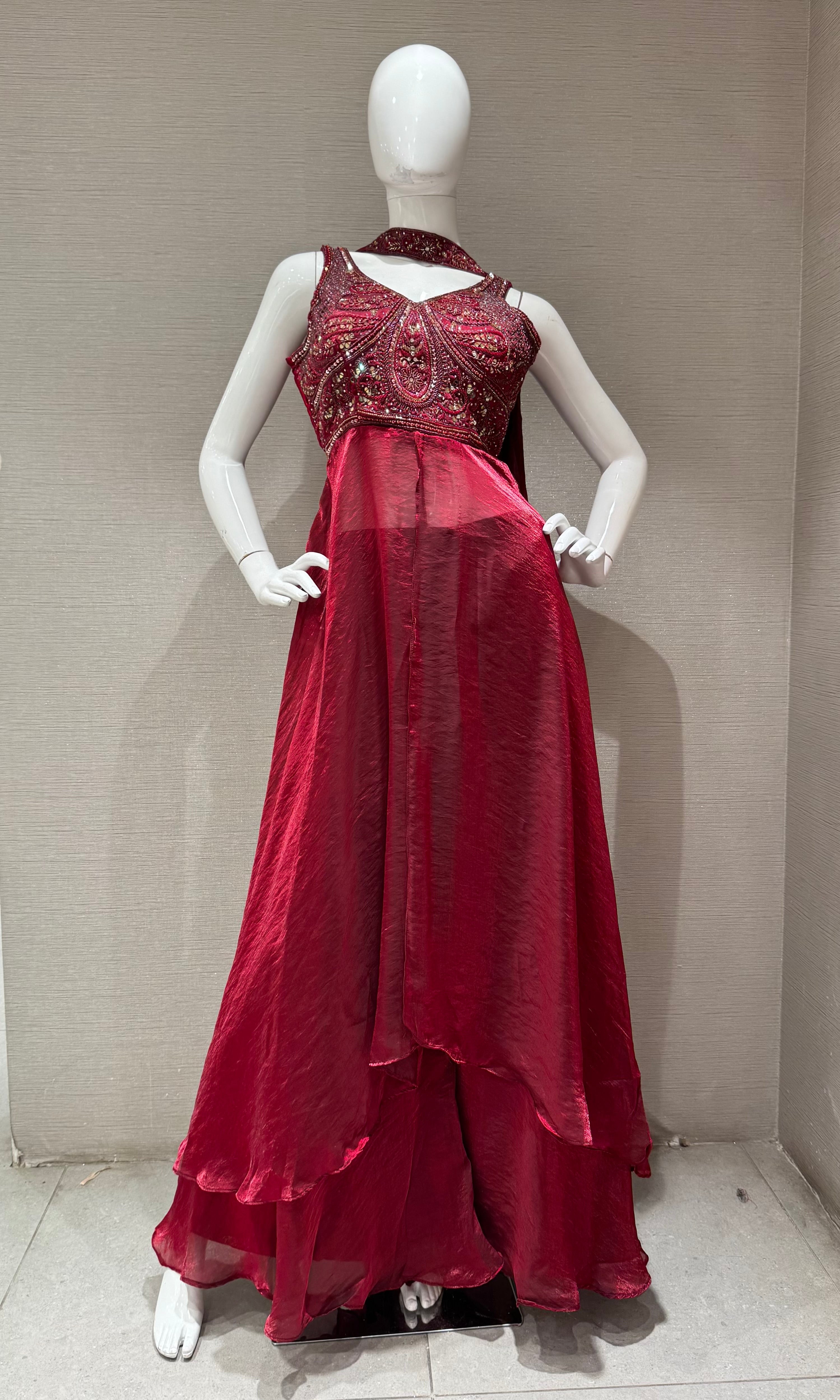 Maroon front slit anarkali with palazzo pants