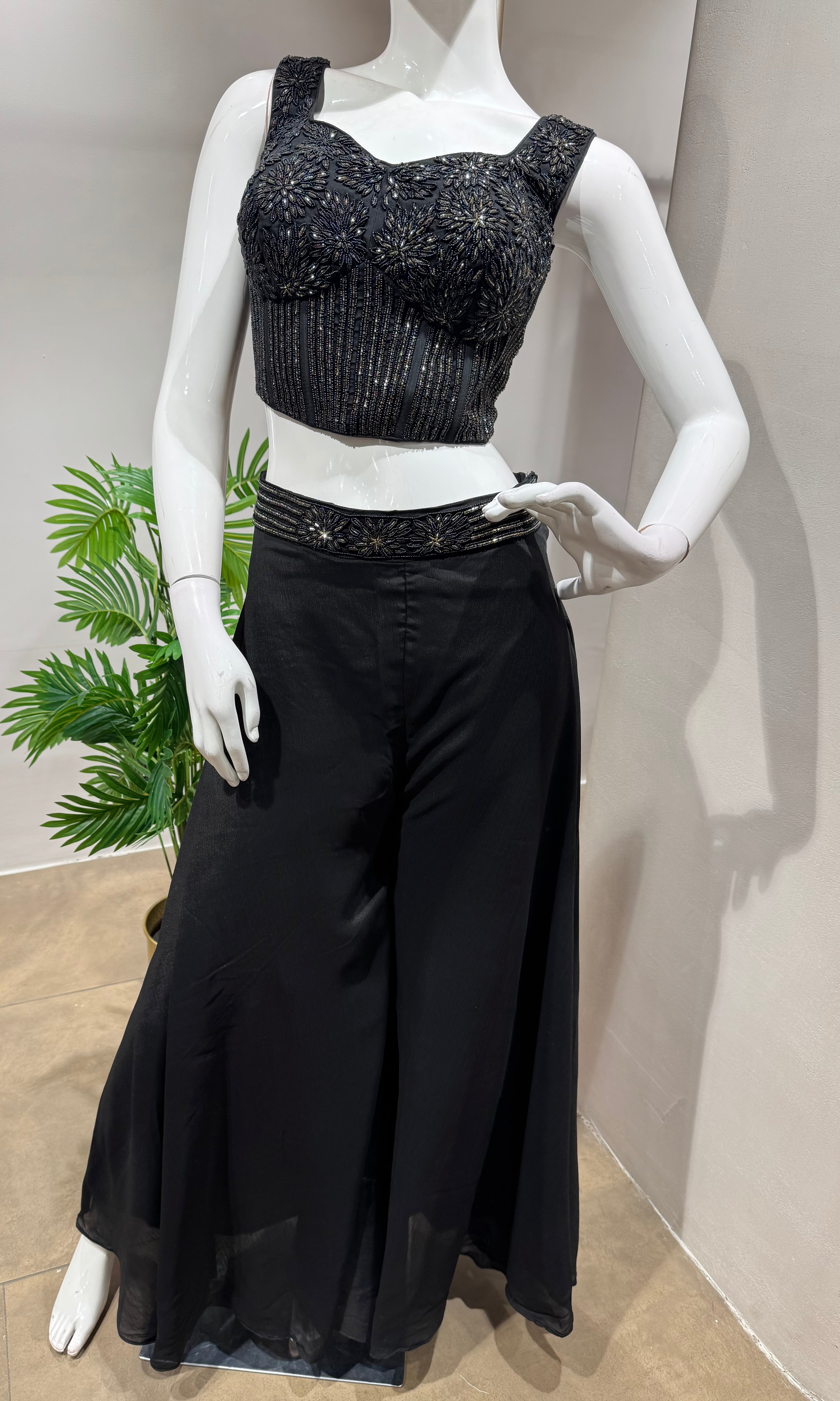 BLACK Embroidered Crop Top with Dhoti Skirt