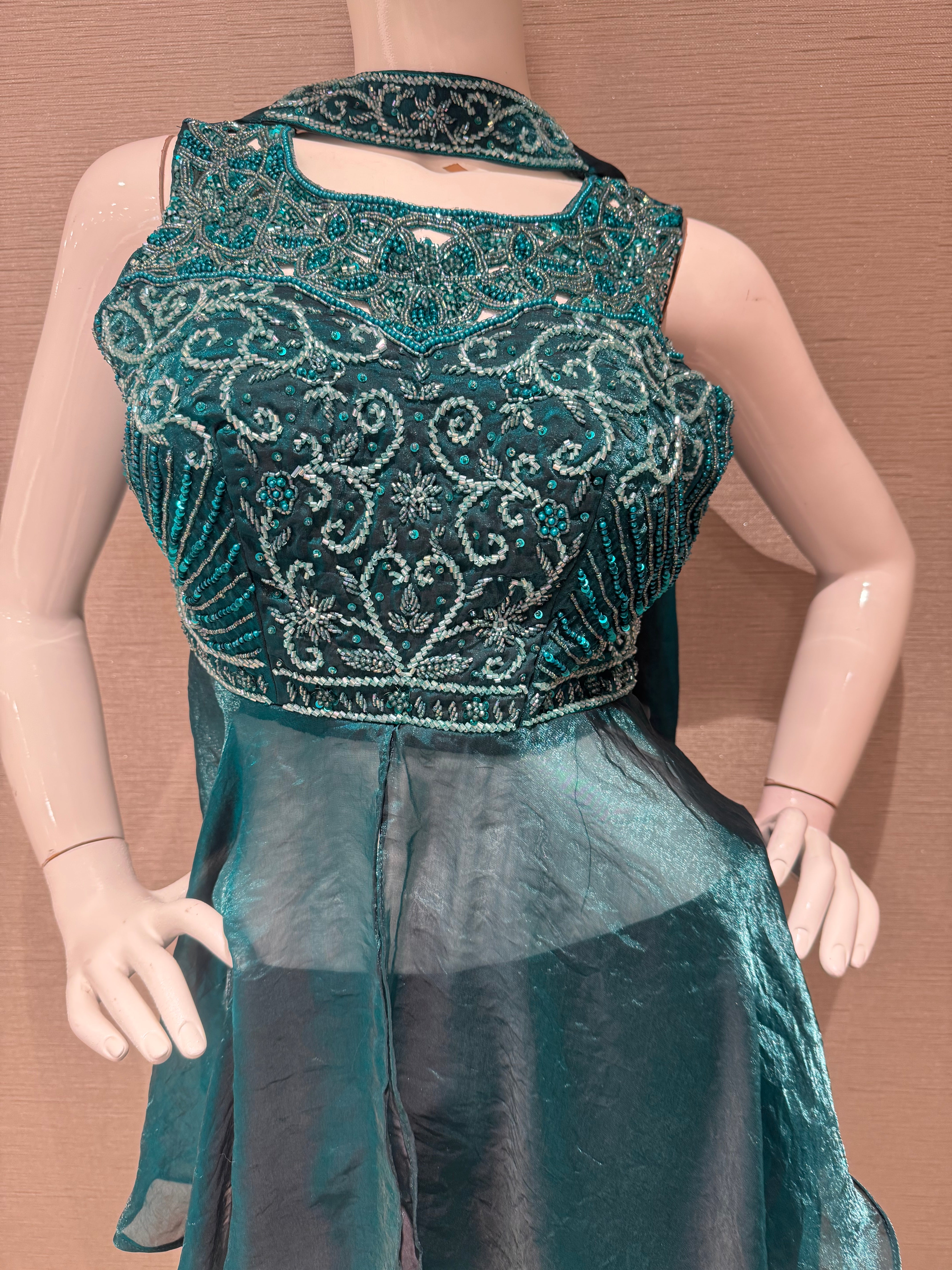 Green embroidered peplum palazzo set