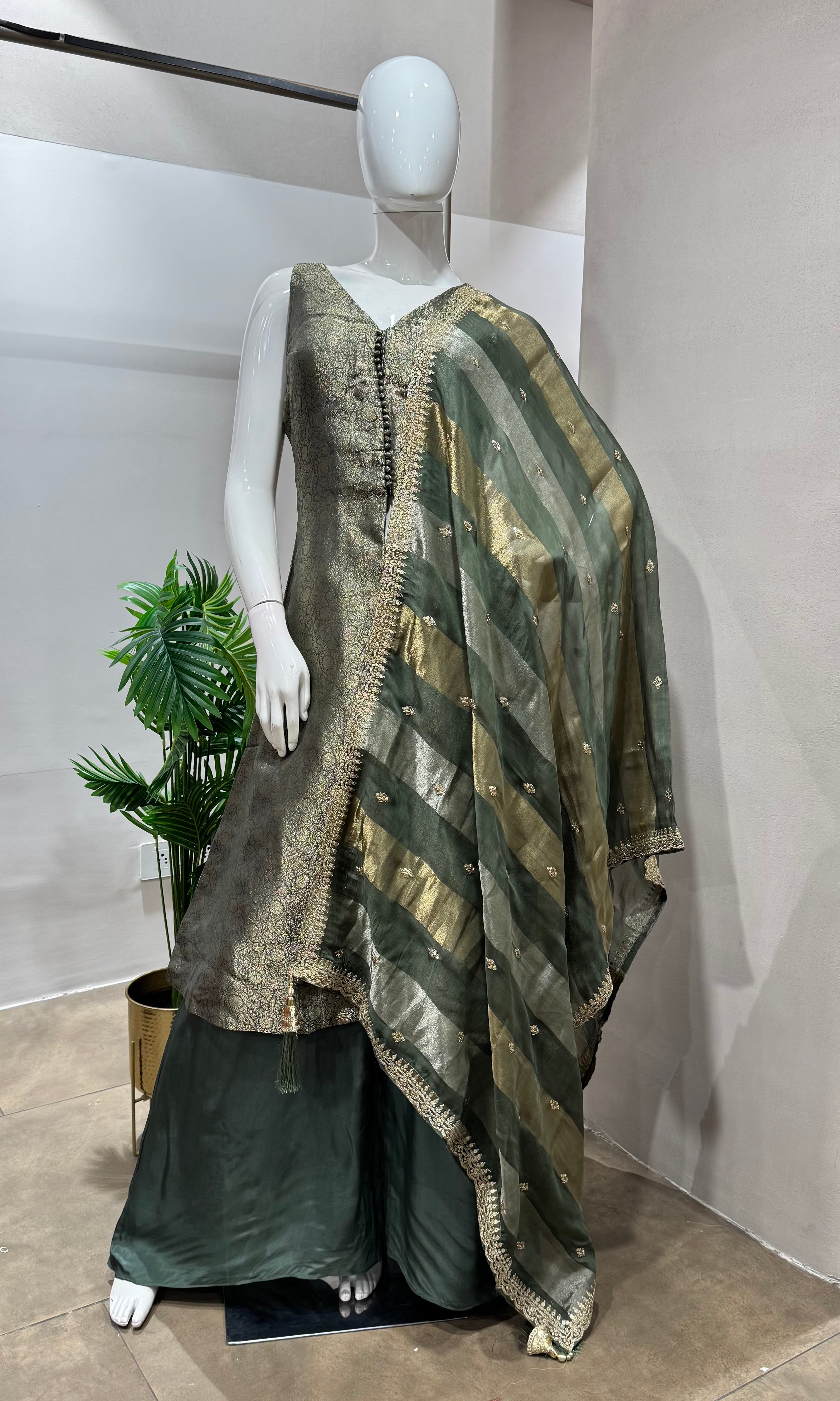 Green golden anarkali with palazzo pants