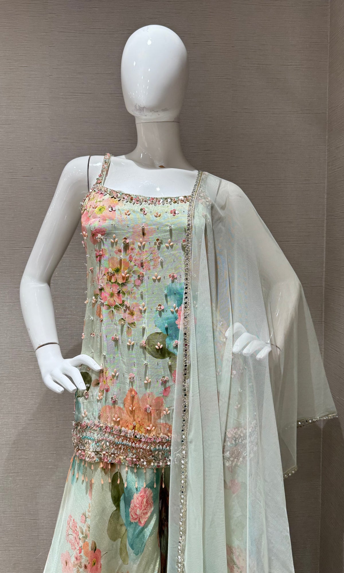 light green Silk Organza Floral Printed Peplum palazzo set