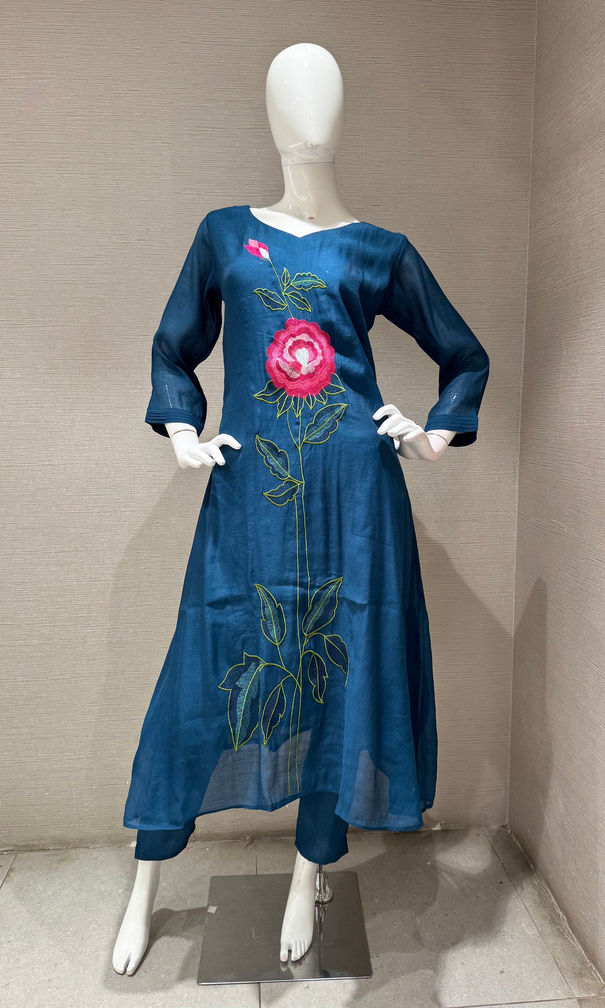 Navy blue cotton rose floral embroidery kurta set with dupatta