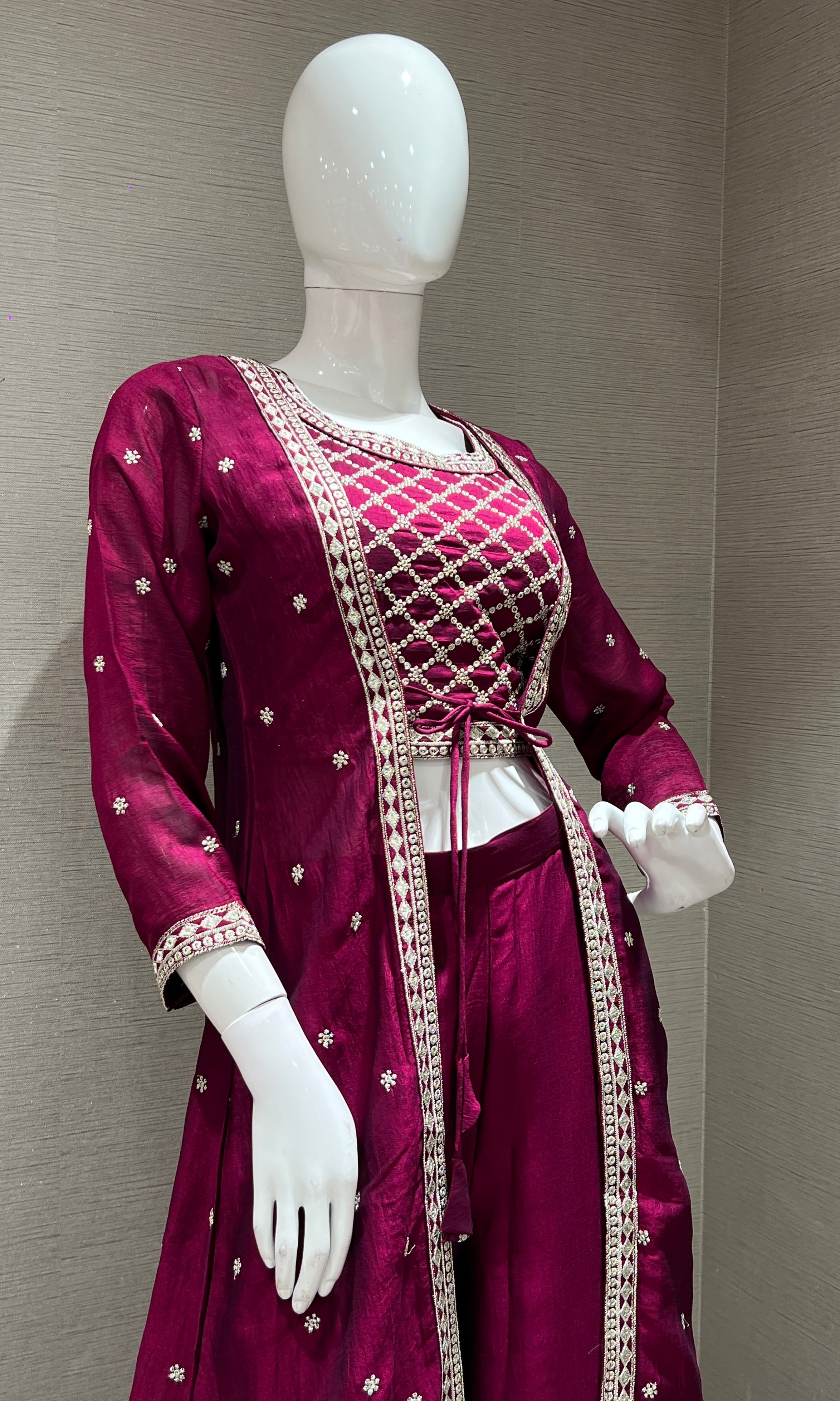 WINE EMBROIDERED JACKET STYLE PALAZZO