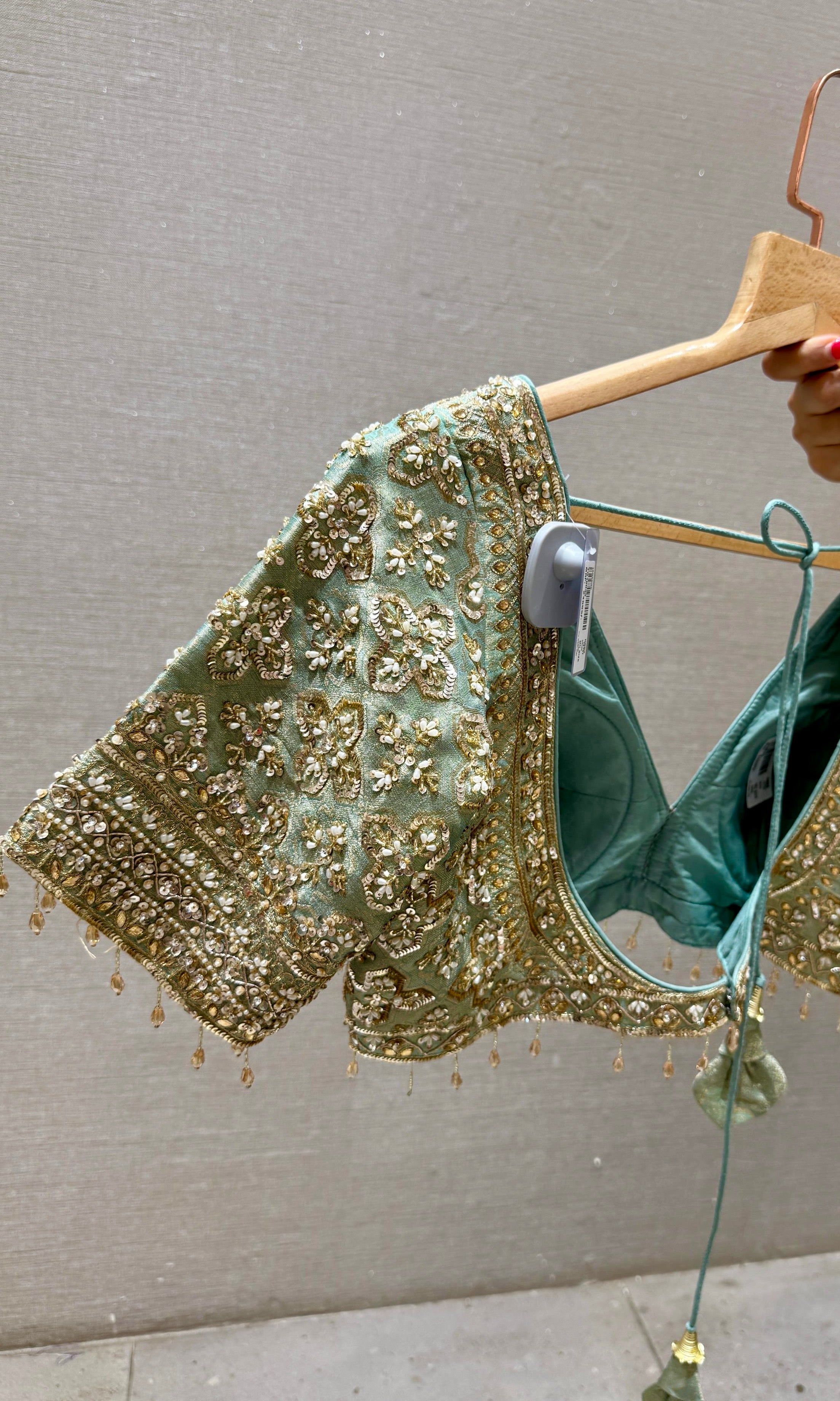 Pastel Sage Green Banarasi saree with ready blouse