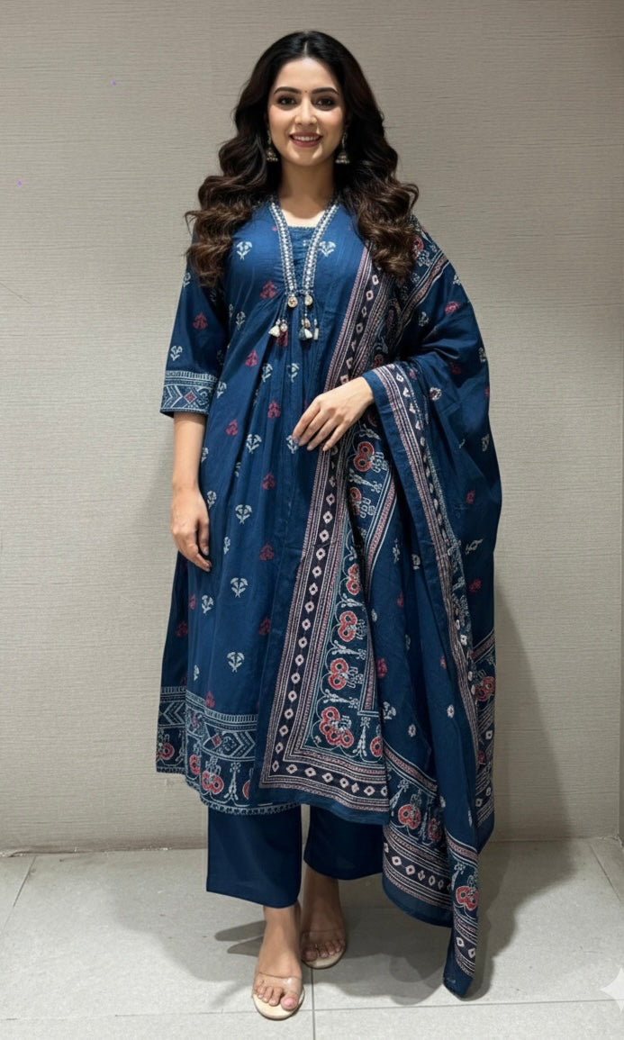 Blue ETHNIC MOTIF PRINTED KURTA SET
