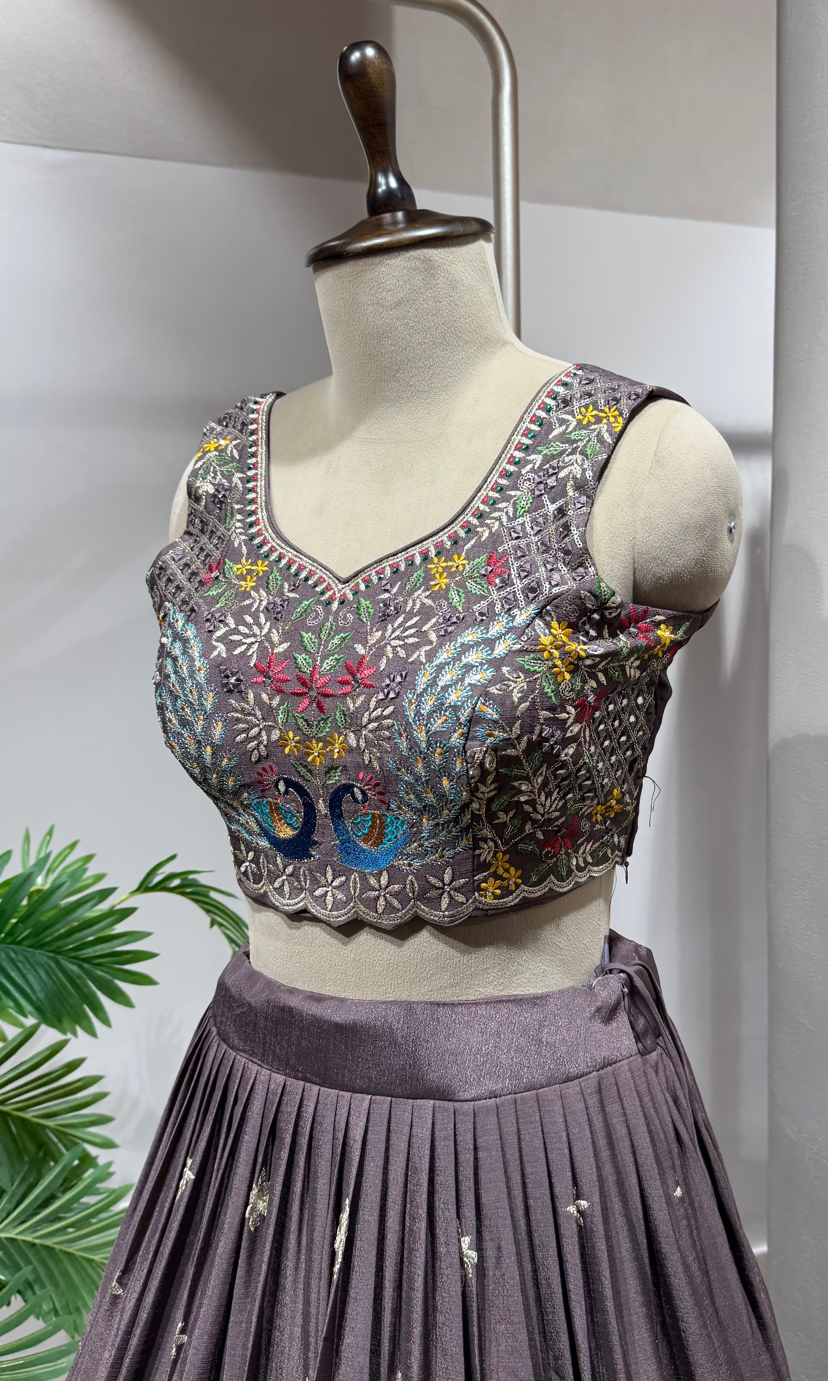 Brown Georgette Lehenga with Multi-Color Embroidery