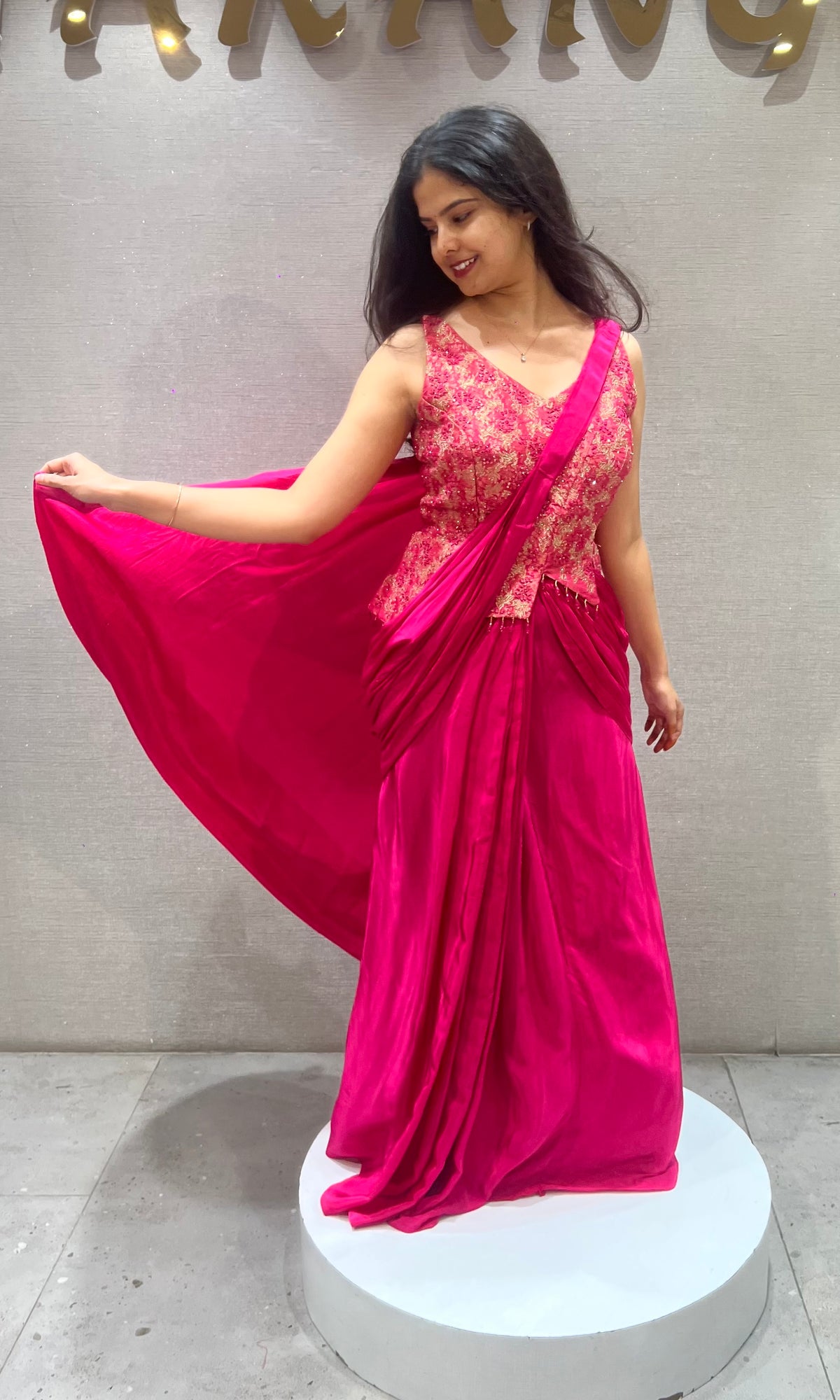 Fushion Pink Satin Dothi style skirt with Floral Blouse