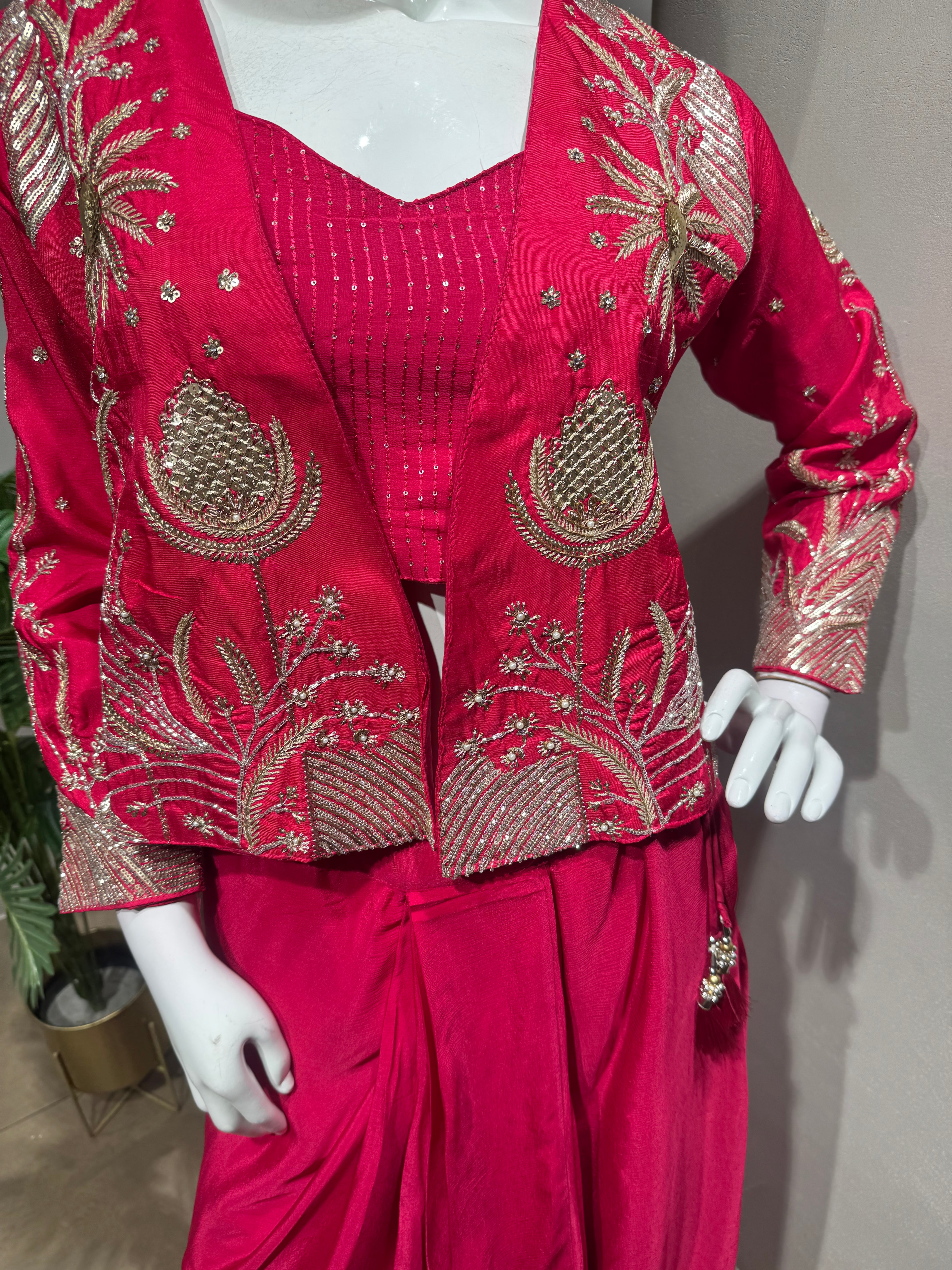 Rani Pink Indo-Western Set with Pearl Jacket