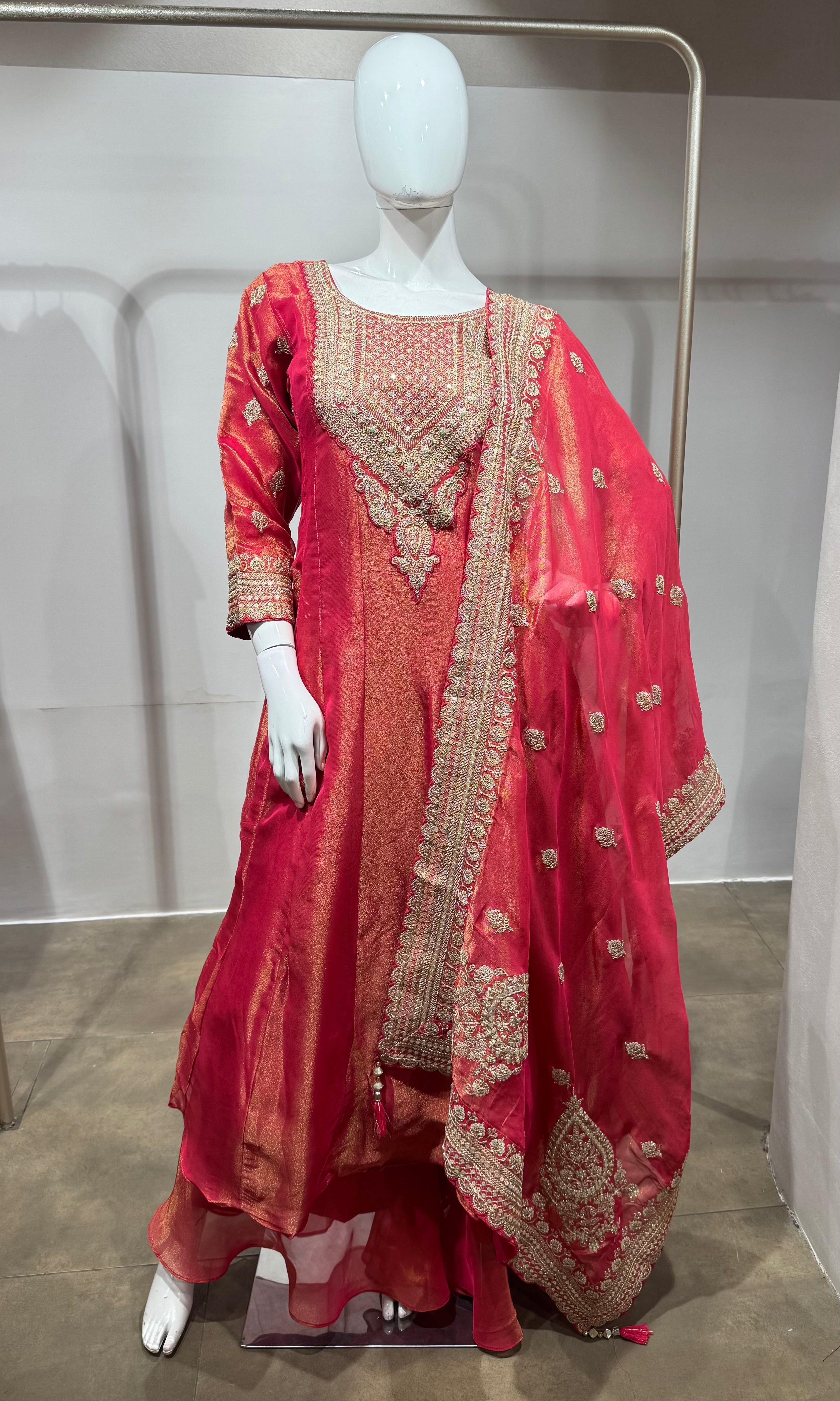 Pink Golden shimmer anarkali with palazzo pants
