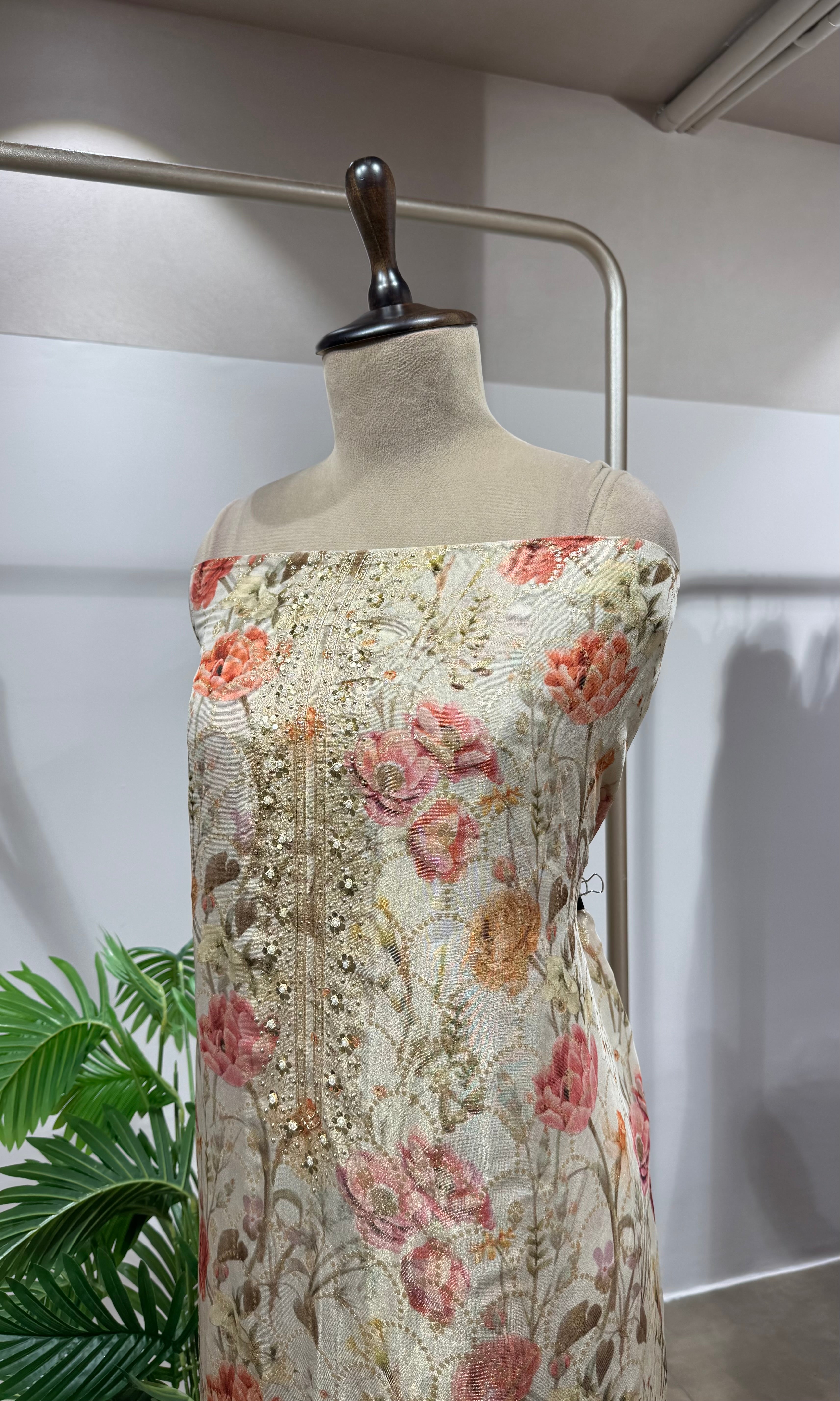 CREAM BANARASI SILK DRESS MATERIAL