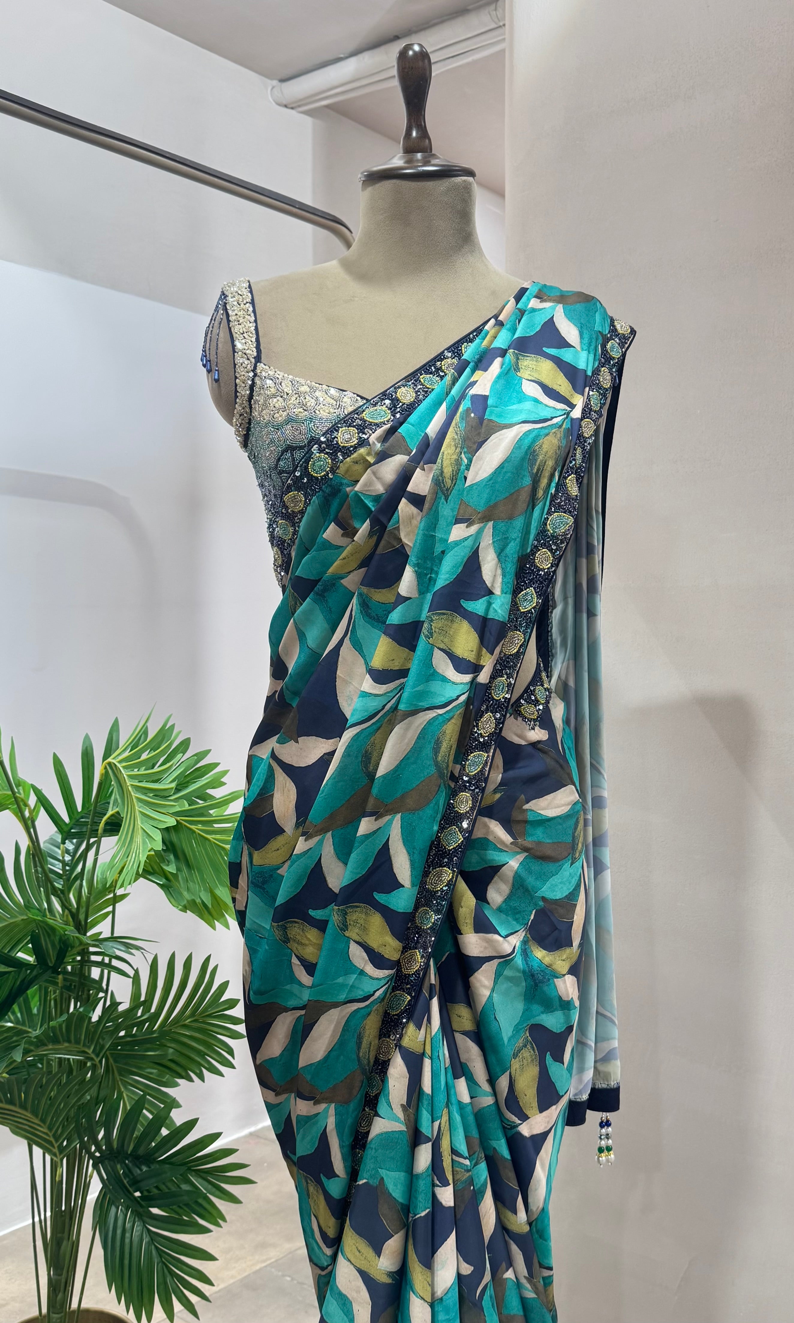 ABSTRACT DESIGN TEAL BLUE SAREE WITH BLOUSE