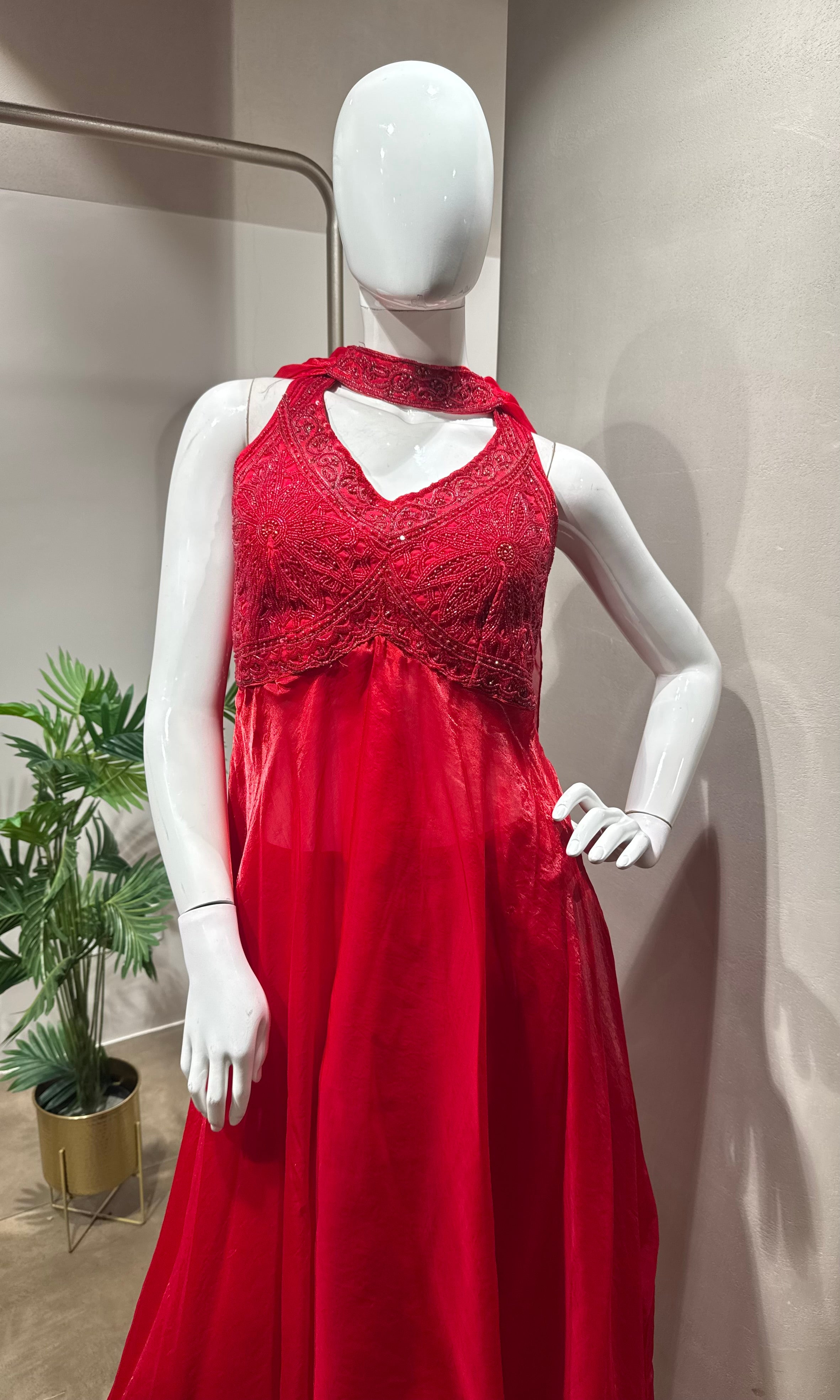 Red Front-Slit Anarkali Palazzo Set