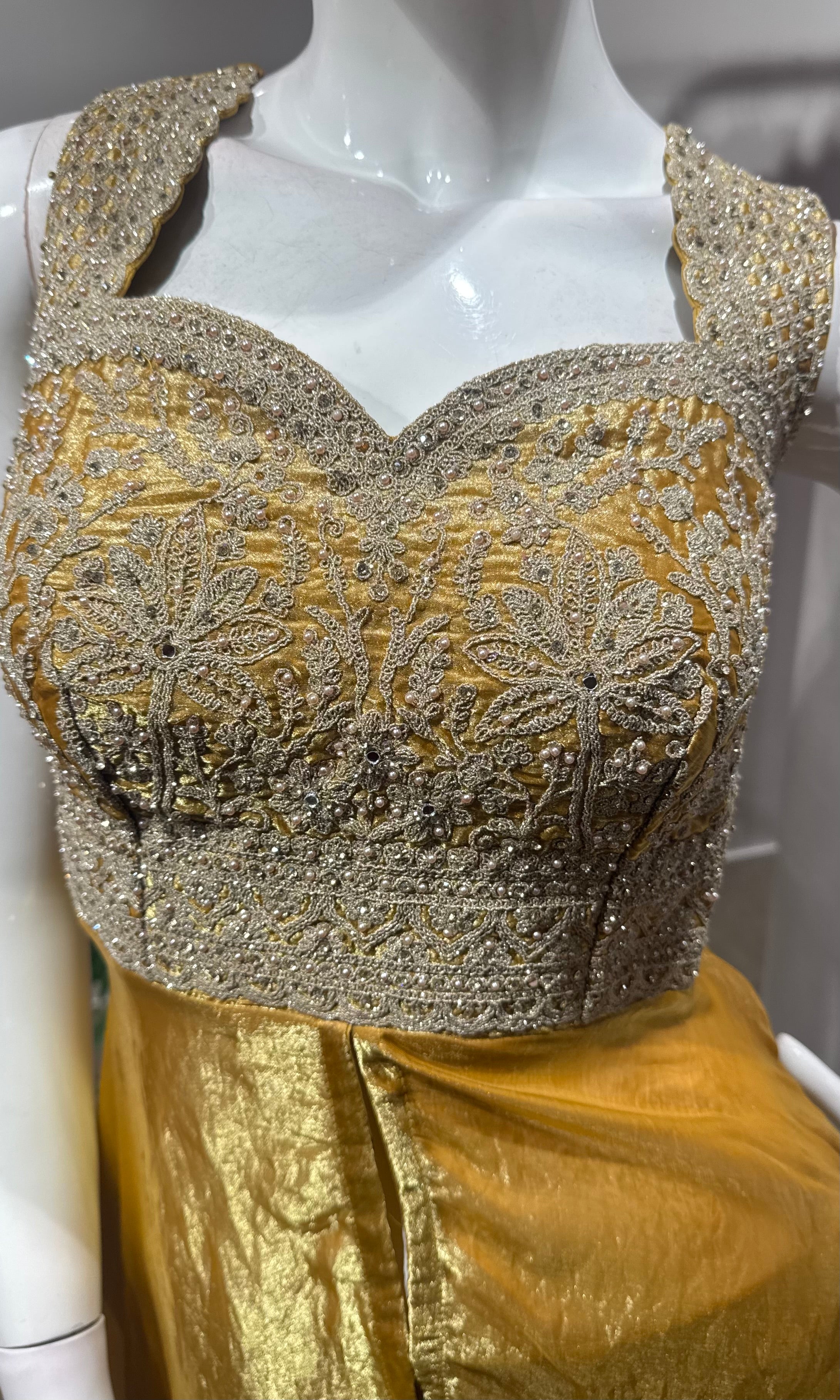 Yellow Silk Palazzo Suit with Embroidered Bodice