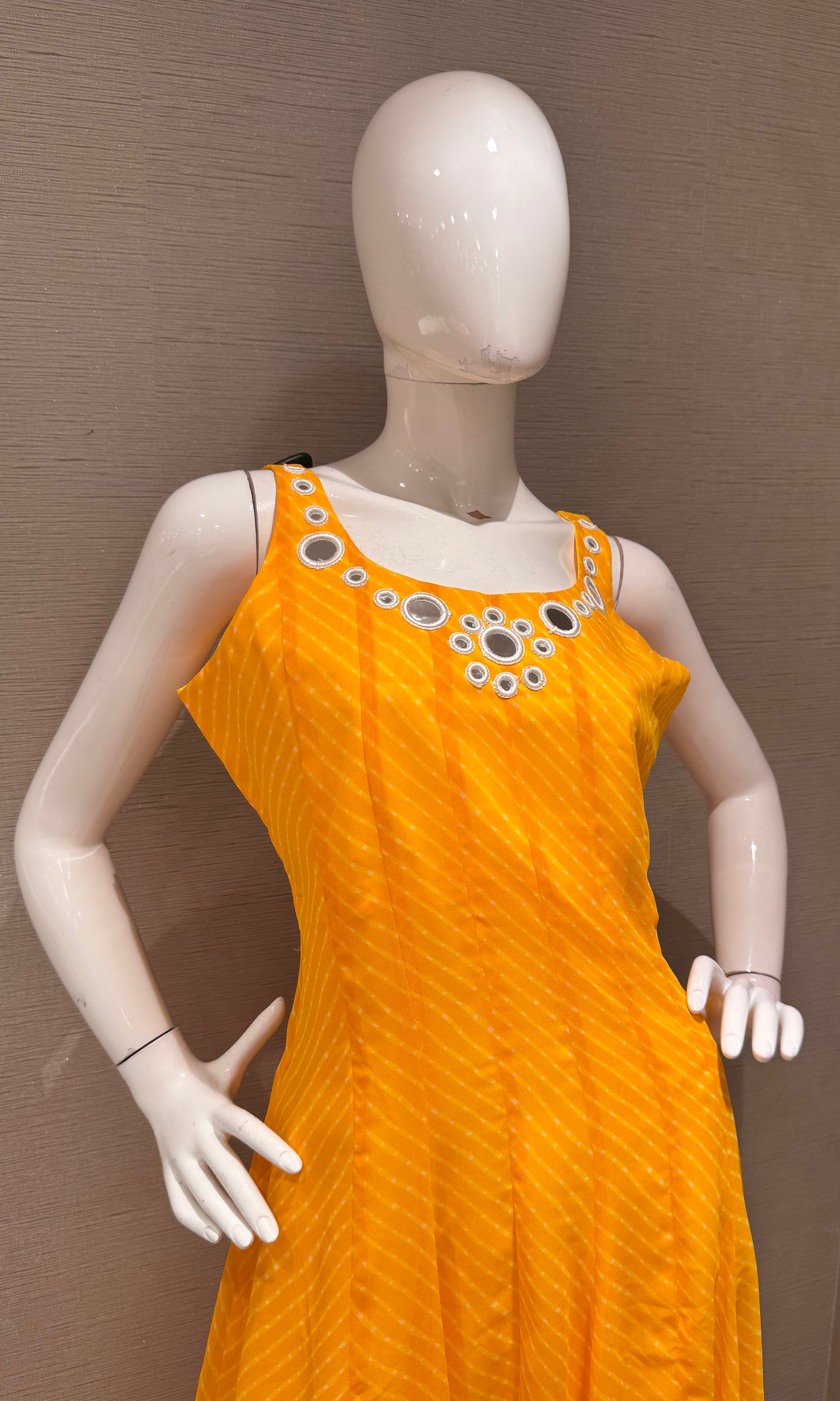 yellow bandhani print and intricate mirror anarkali set