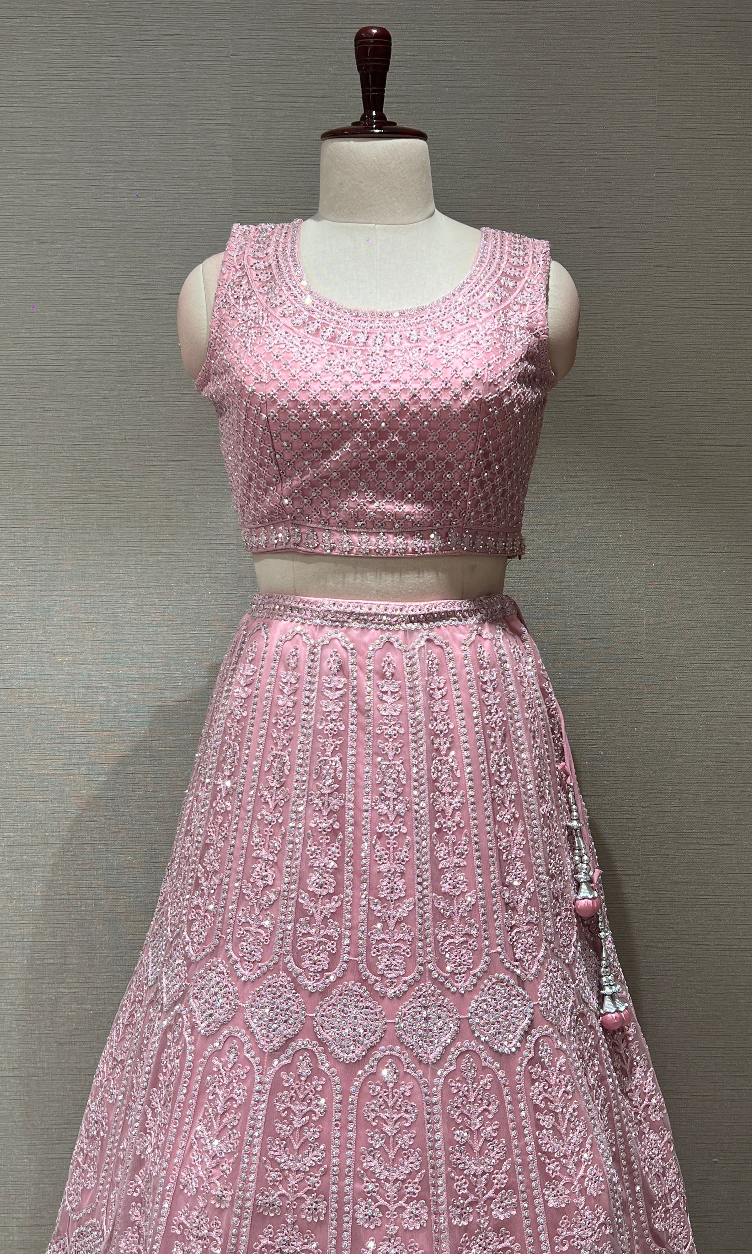 blush pink net intricate embroidered Lehenga