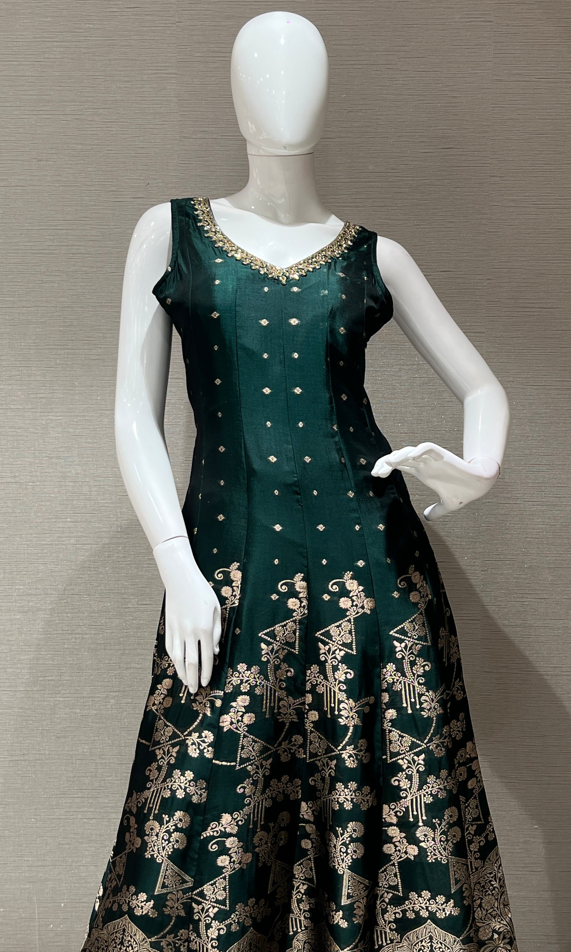 Bottle Green Anarkali with Gold Print embroidery
