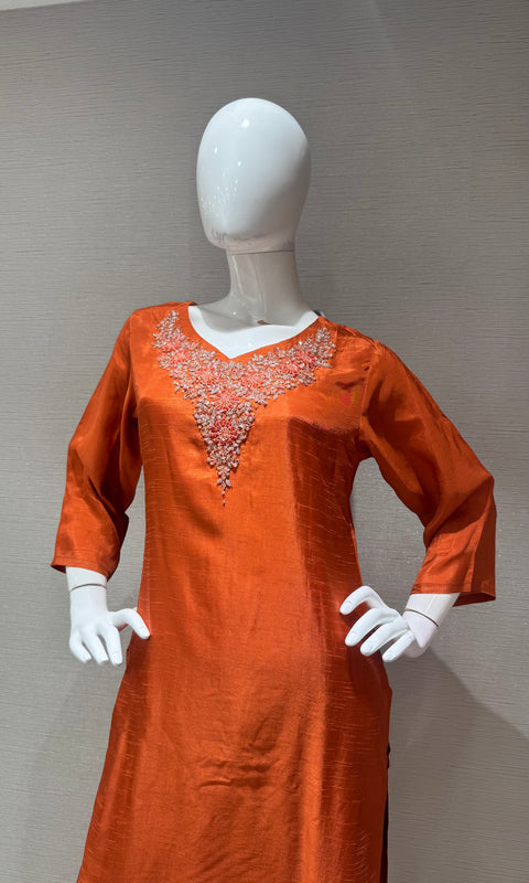 RUST Mul Chanderi Kurta Set with Striped Dupatta