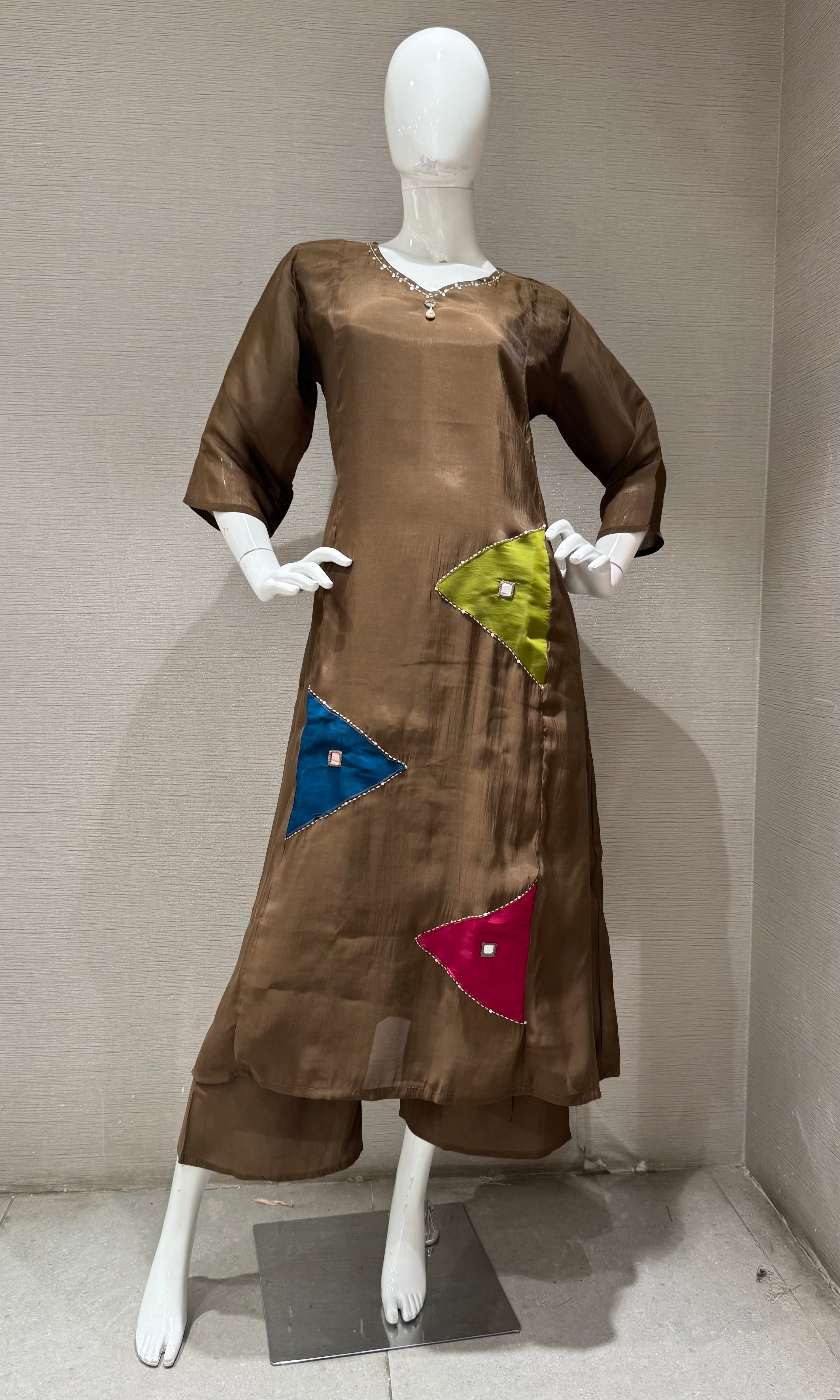 Brown Straight Patch Kurta Set with Dupatta