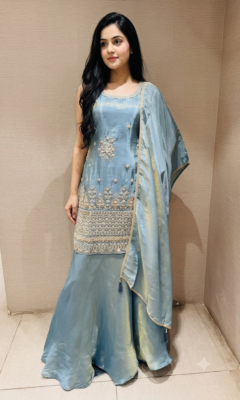 Blue shimmer tissue embroidered sharara set