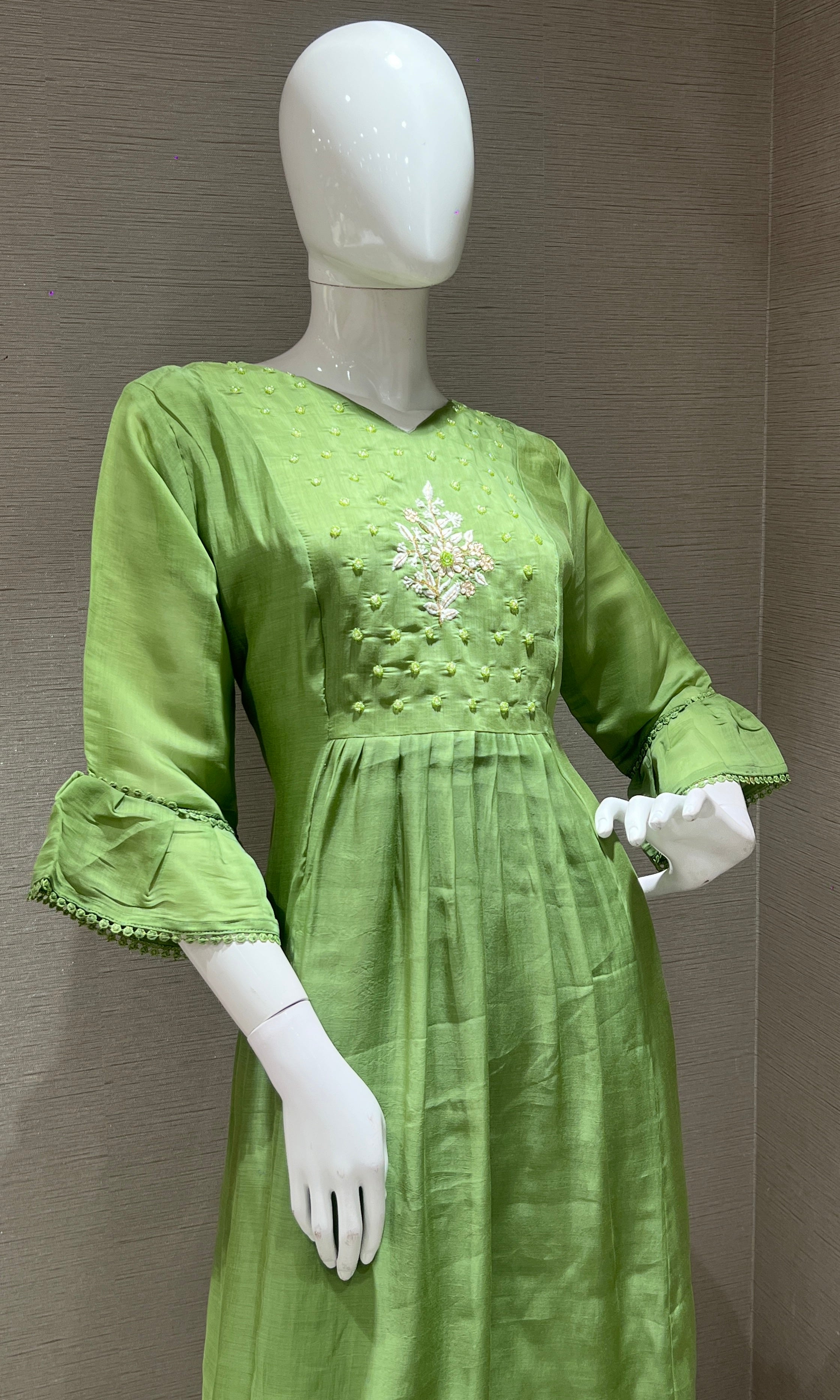 Pista green floral embroidered kurta set