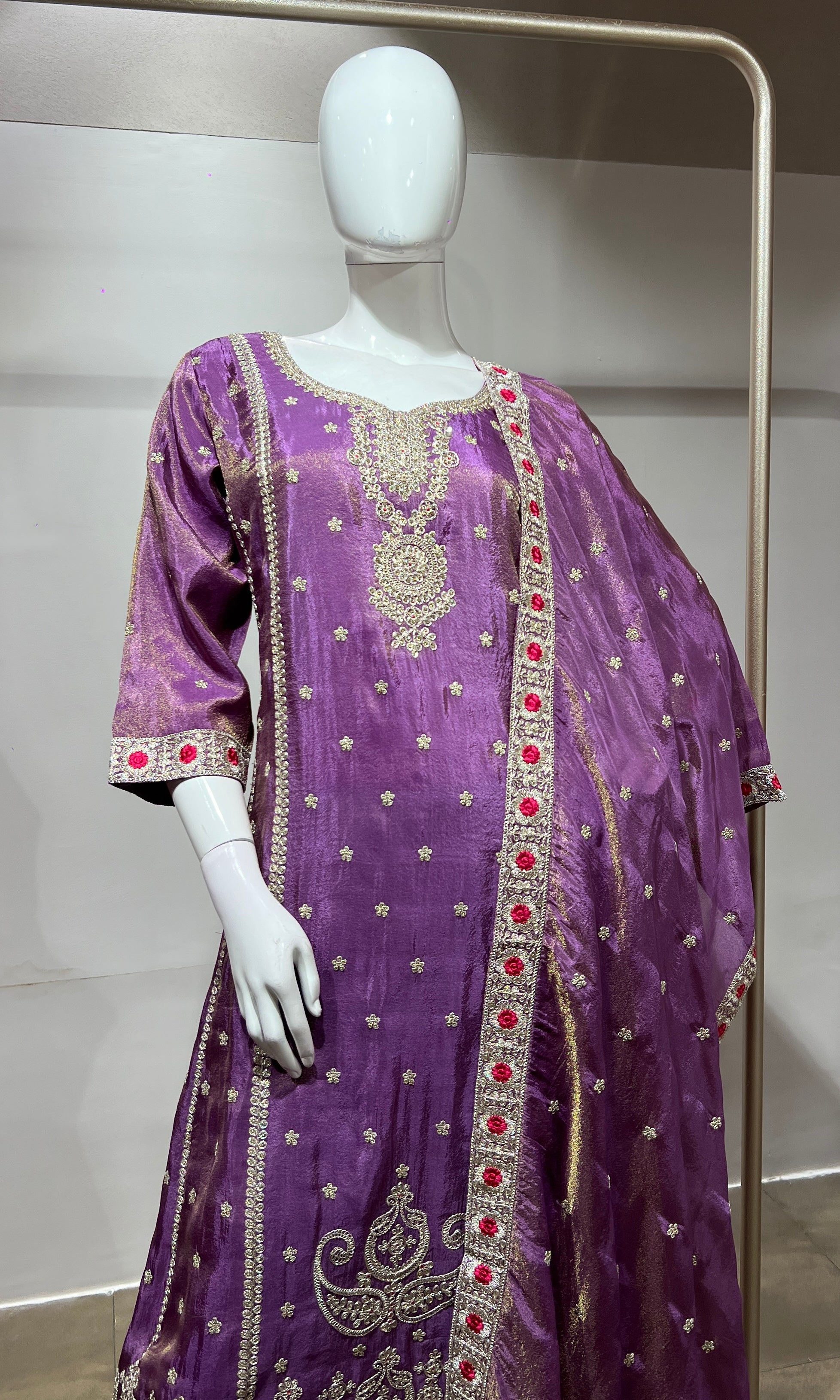Lilac Silk Embroidered Kurta Suit with Dupatta