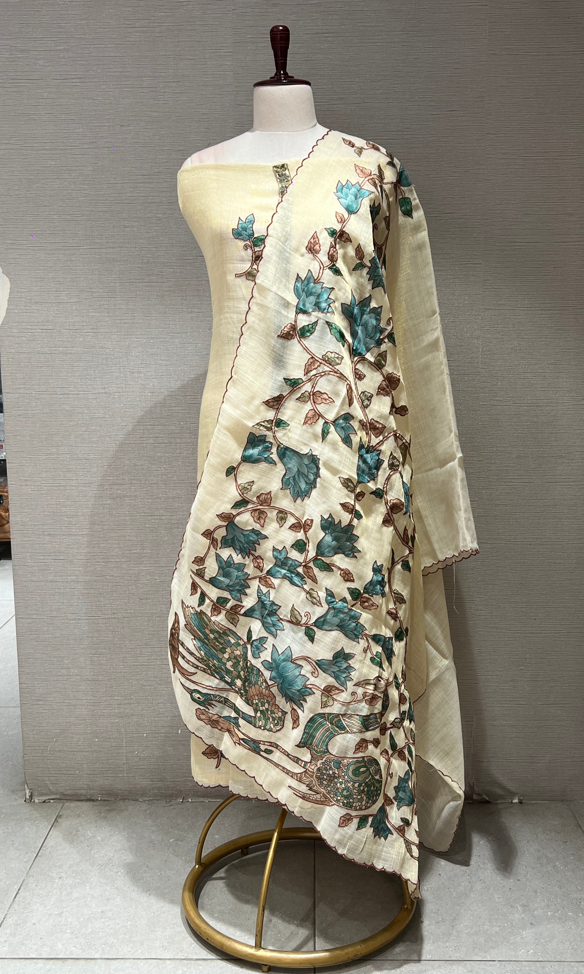 BEIGH DRESS MATERIAL WITH FLORAL DUPATTA