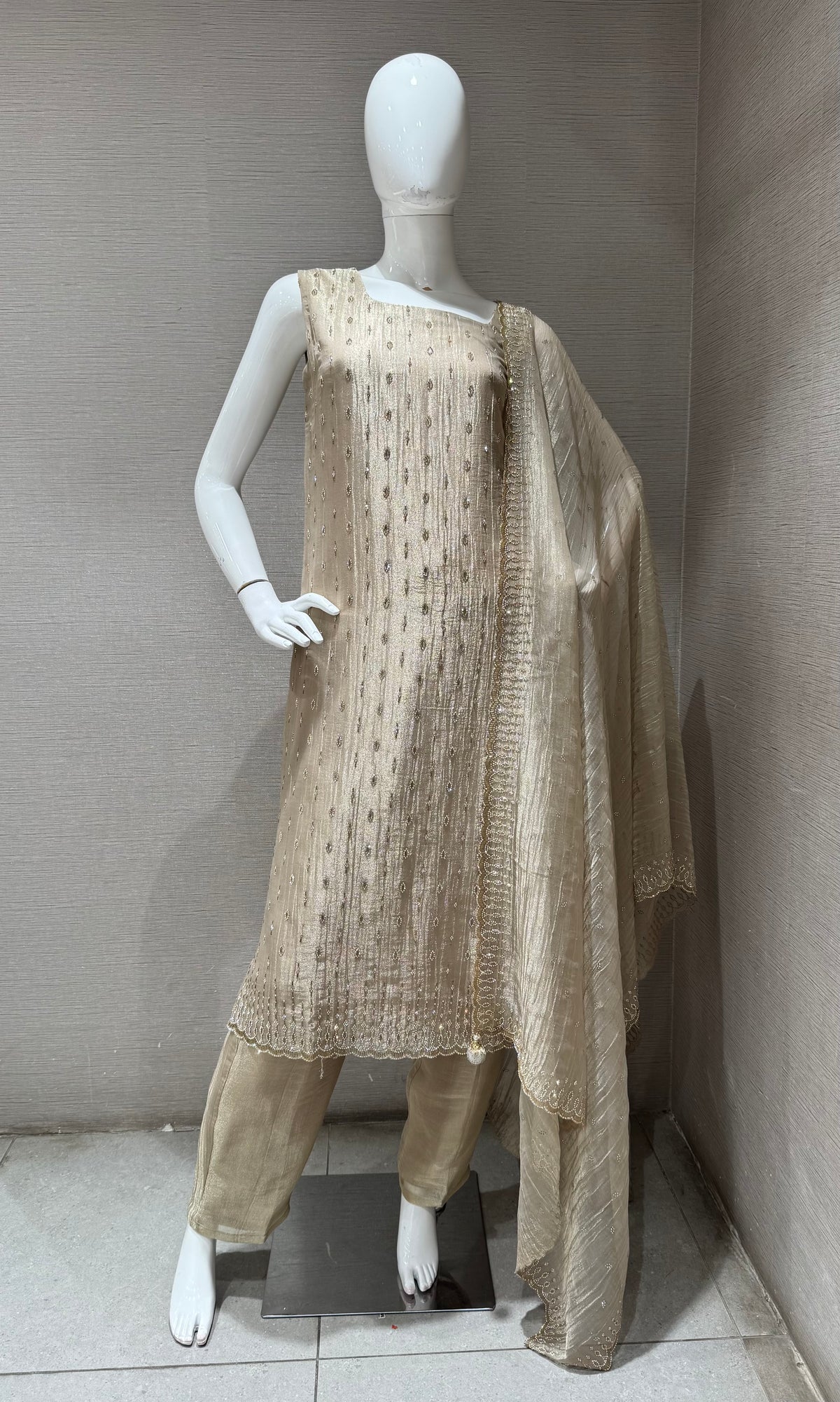 Beige tissue silk Kurta Set with dupatta